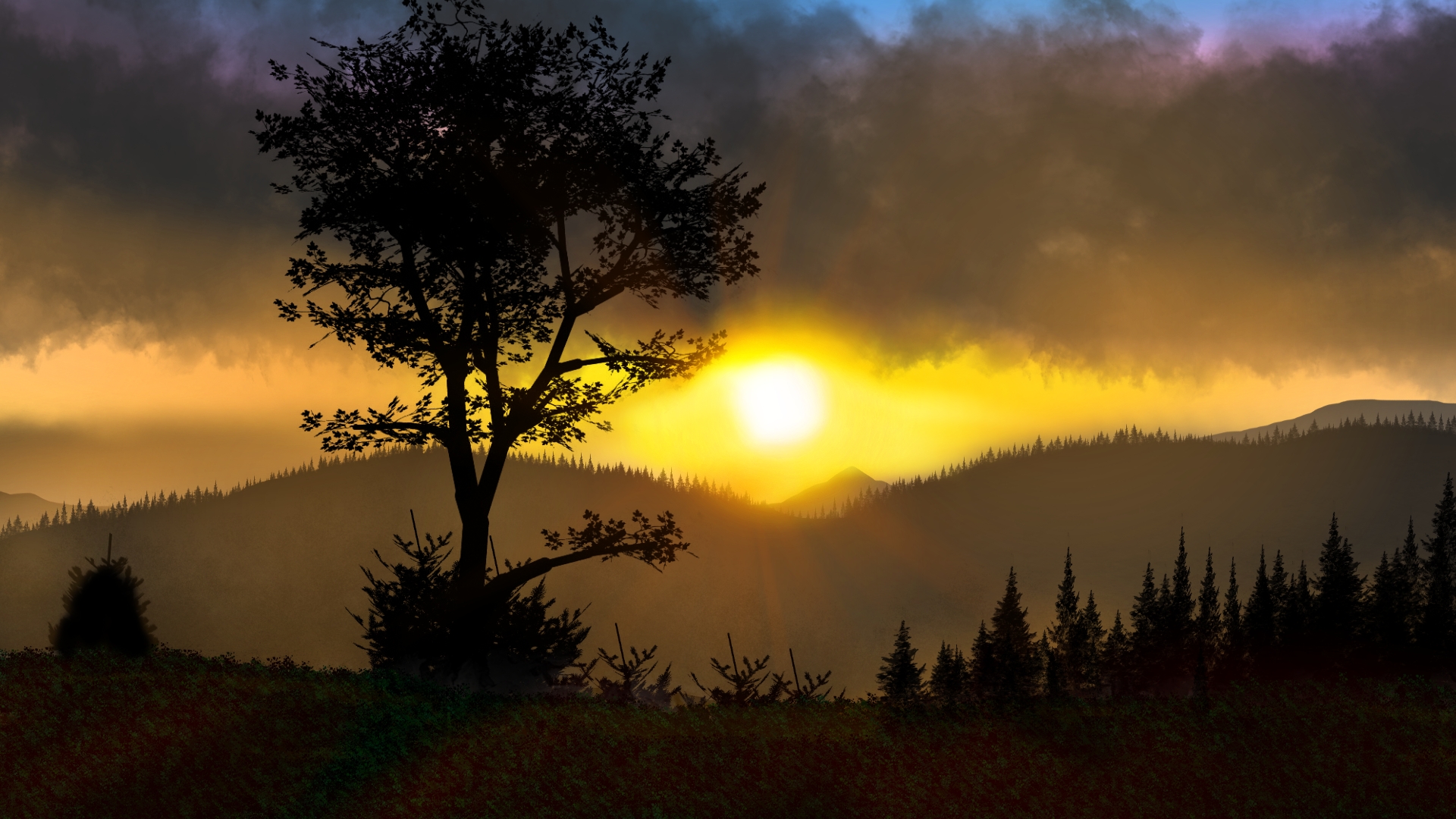 Digital Painting Digital Art Nature Landscape Sunset Trees 1920x1080
