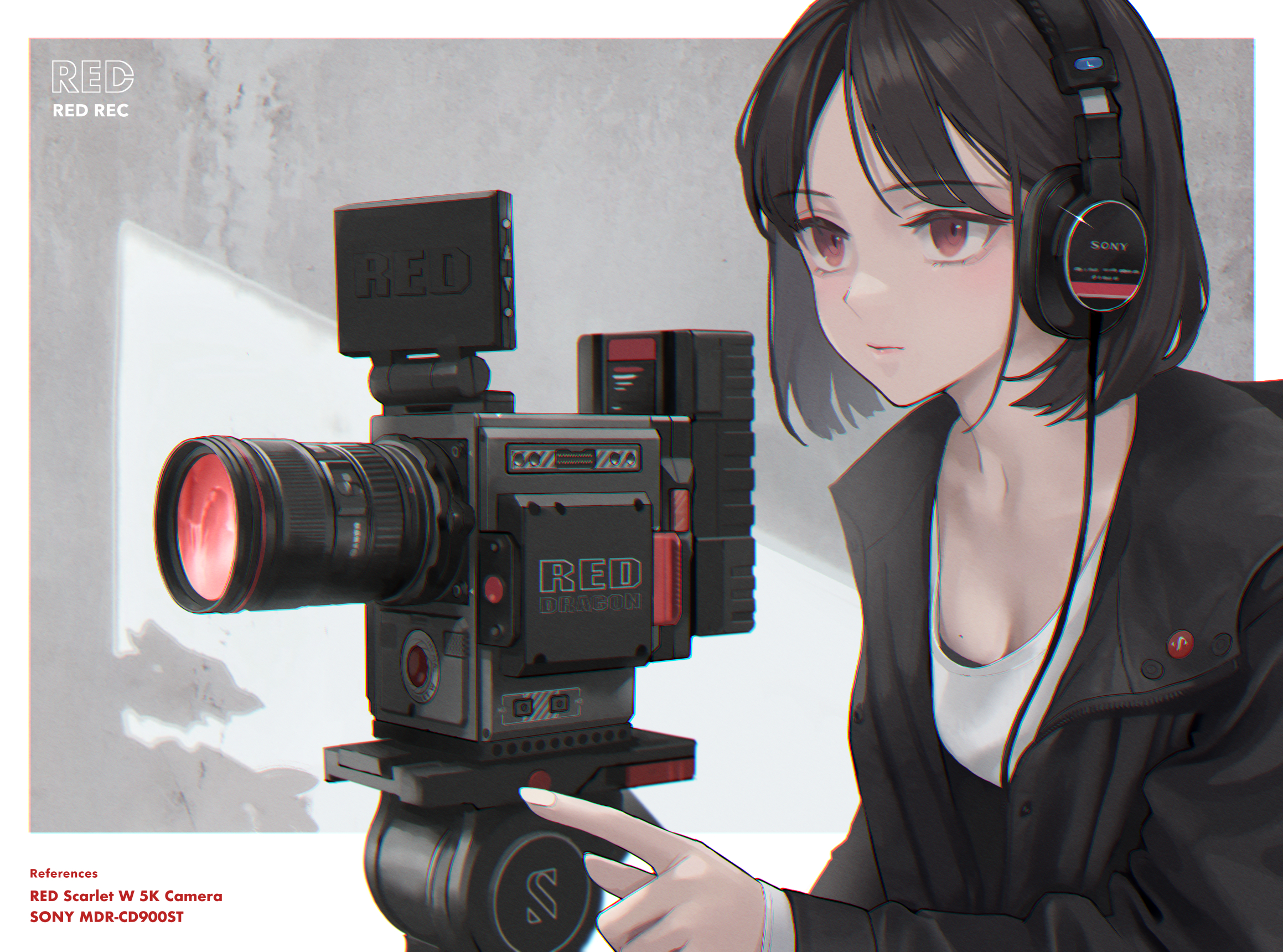 Anime Anime Girls Camera Headphones Sony Artwork Short Hair Minimalism Simple Background Technology  2318x1720