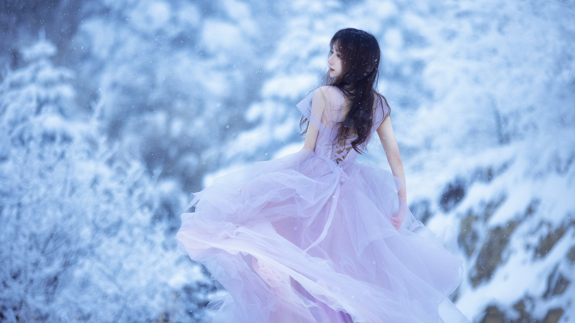 Asian Snow Black Hair Pink Dress 1920x1080