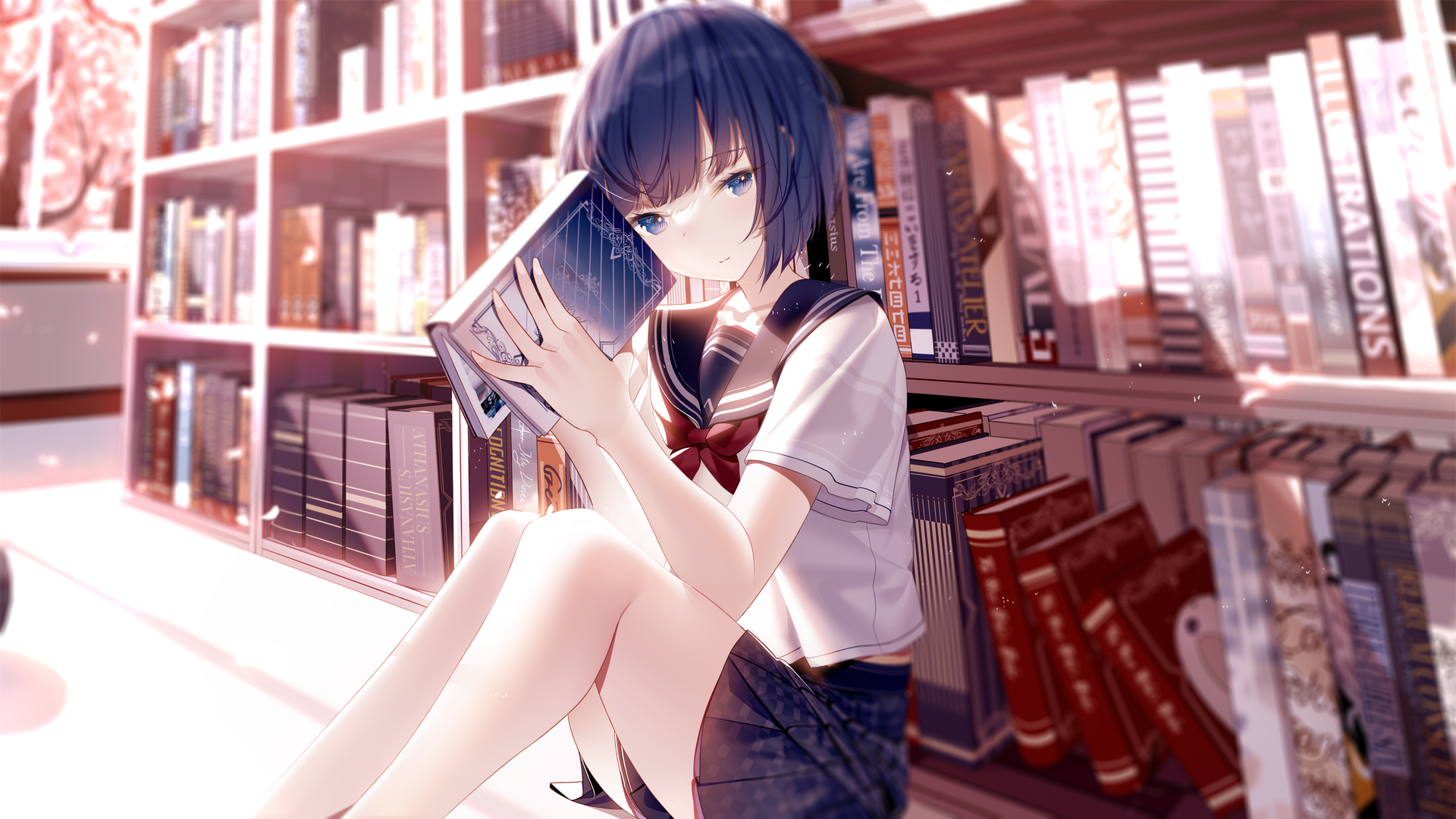 Anime Anime Girls Schoolgirl School Uniform Books Library Looking At Viewer Short Hair Petals Sunlig 1920x1080