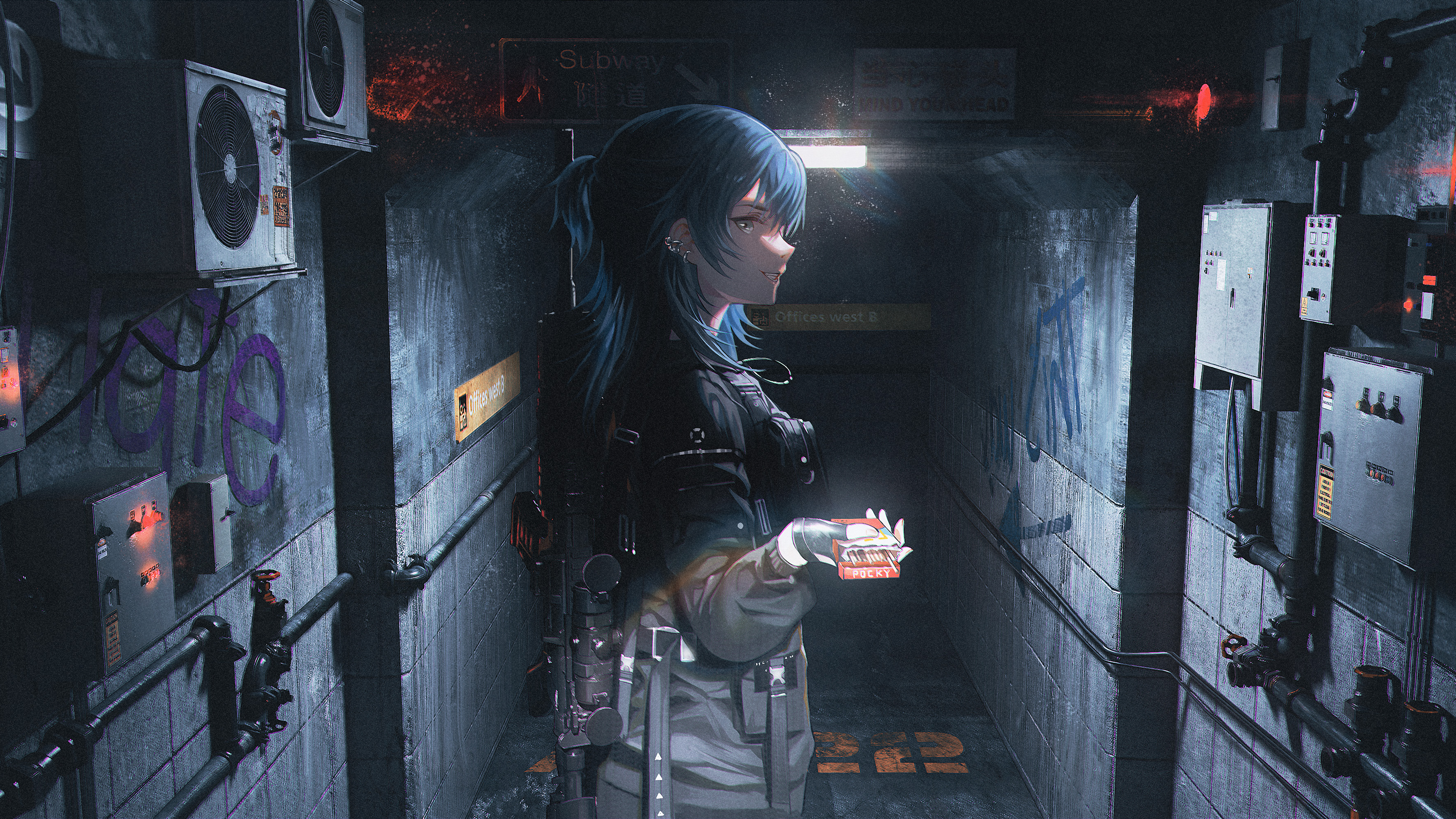 Anime Girls Digital Art Artwork Smiling Subway Weapon Blue Hair Pocky Looking At Viewer Standing Gra 3840x2160