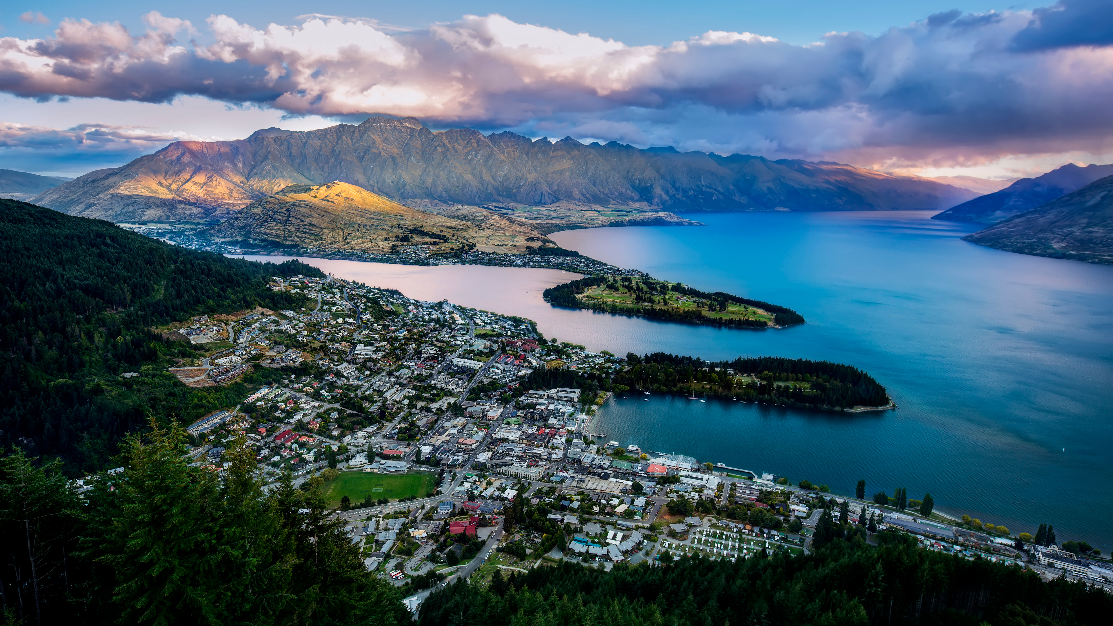 4K Landscape New Zealand Queenstown Clouds Mountains City 3840x2160