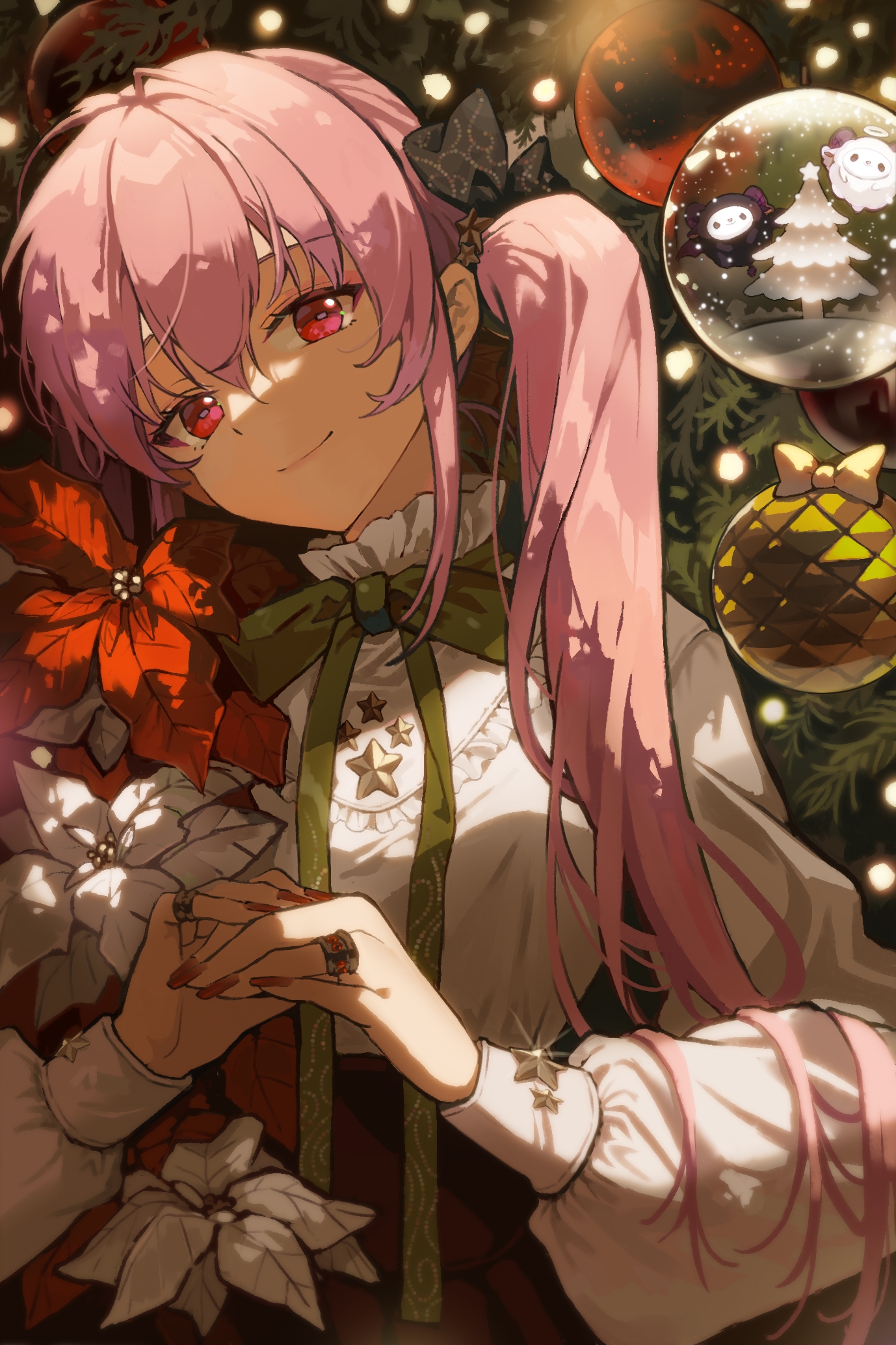 Anime Anime Girls Vertical Flowers Twintails Christmas Christmas Ornaments Christmas Tree Pink Hair  1378x2067
