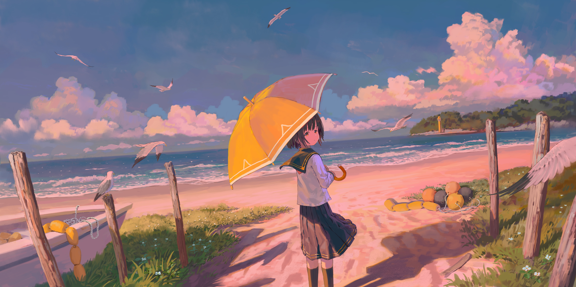 Anime Girls Umbrella Sky Blue Sea Uniform Sailor Uniform Grass Beach Seagulls Looking At Viewer Boat 2378x1185
