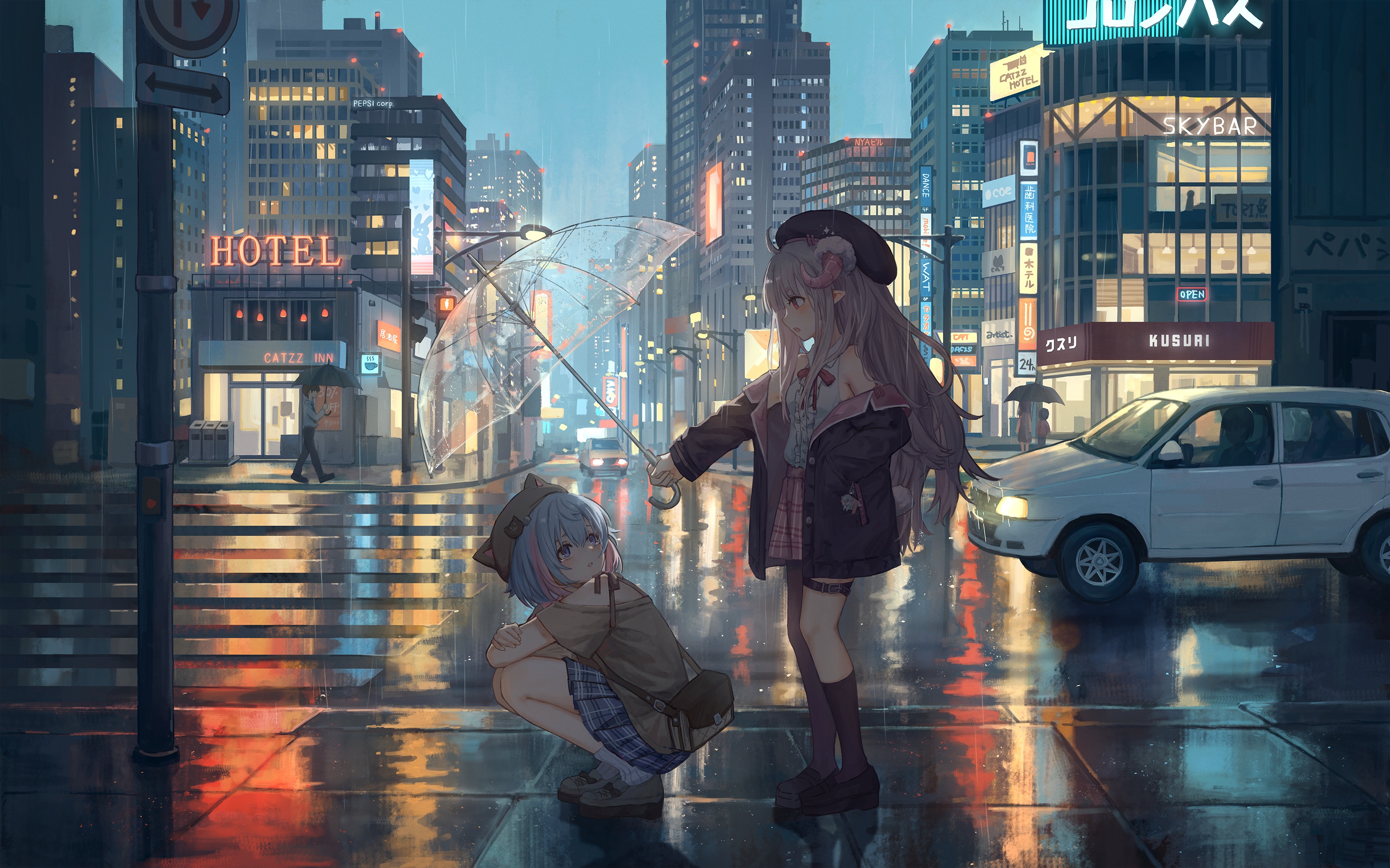 Anime Anime Girls Umbrella City City Lights Rain Standing Long Hair Two Tone Hair Headlights Car Ped 3200x2000
