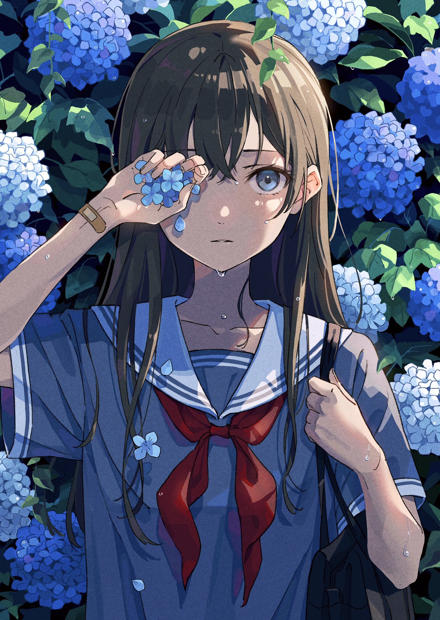 Anime Girls Anime School Uniform Schoolgirl Petals Flowers Wet 1454x2048