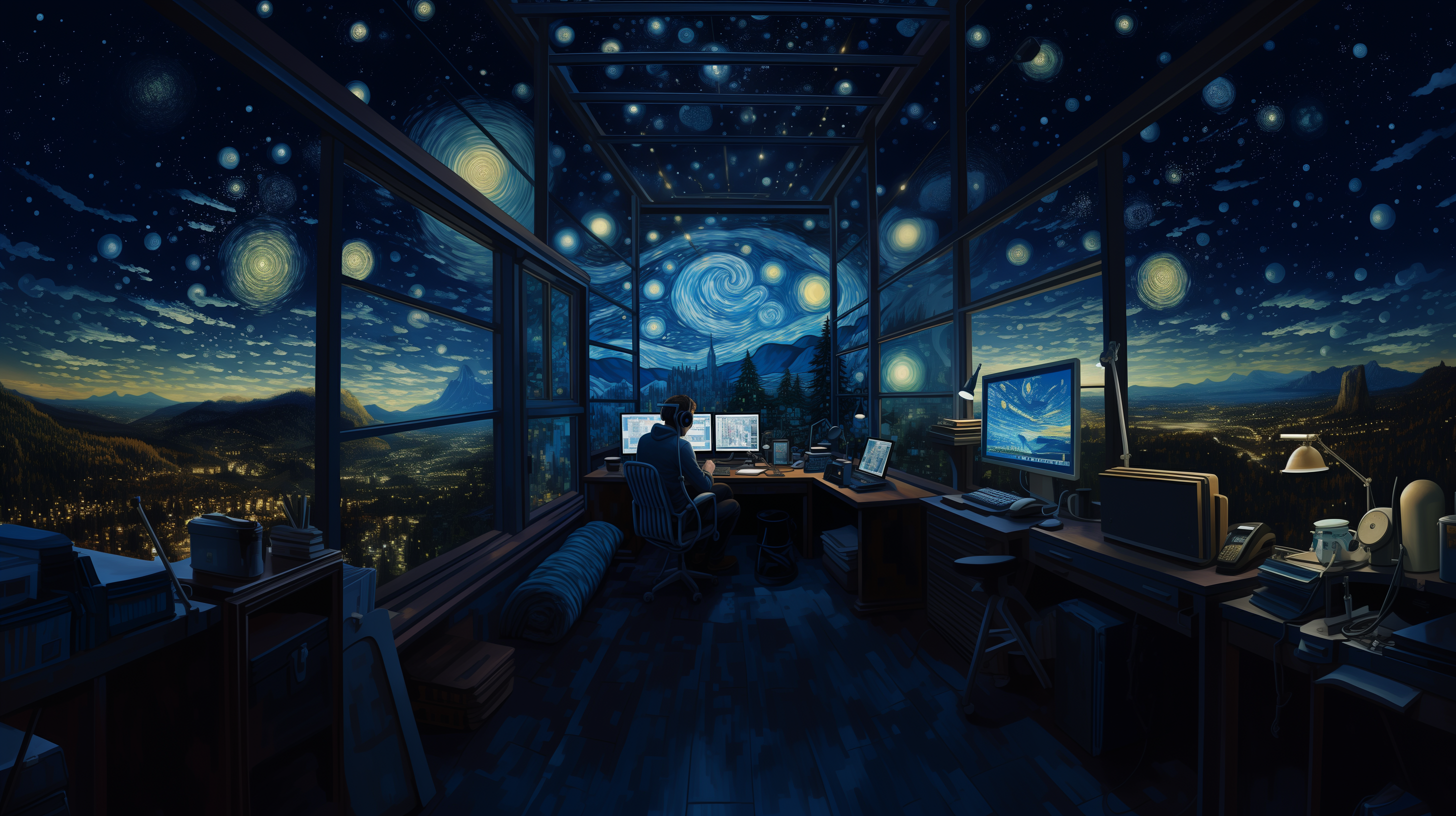 Developer Room Night Vincent Van Gogh Technology Chair Sitting Interior Stars 2912x1632