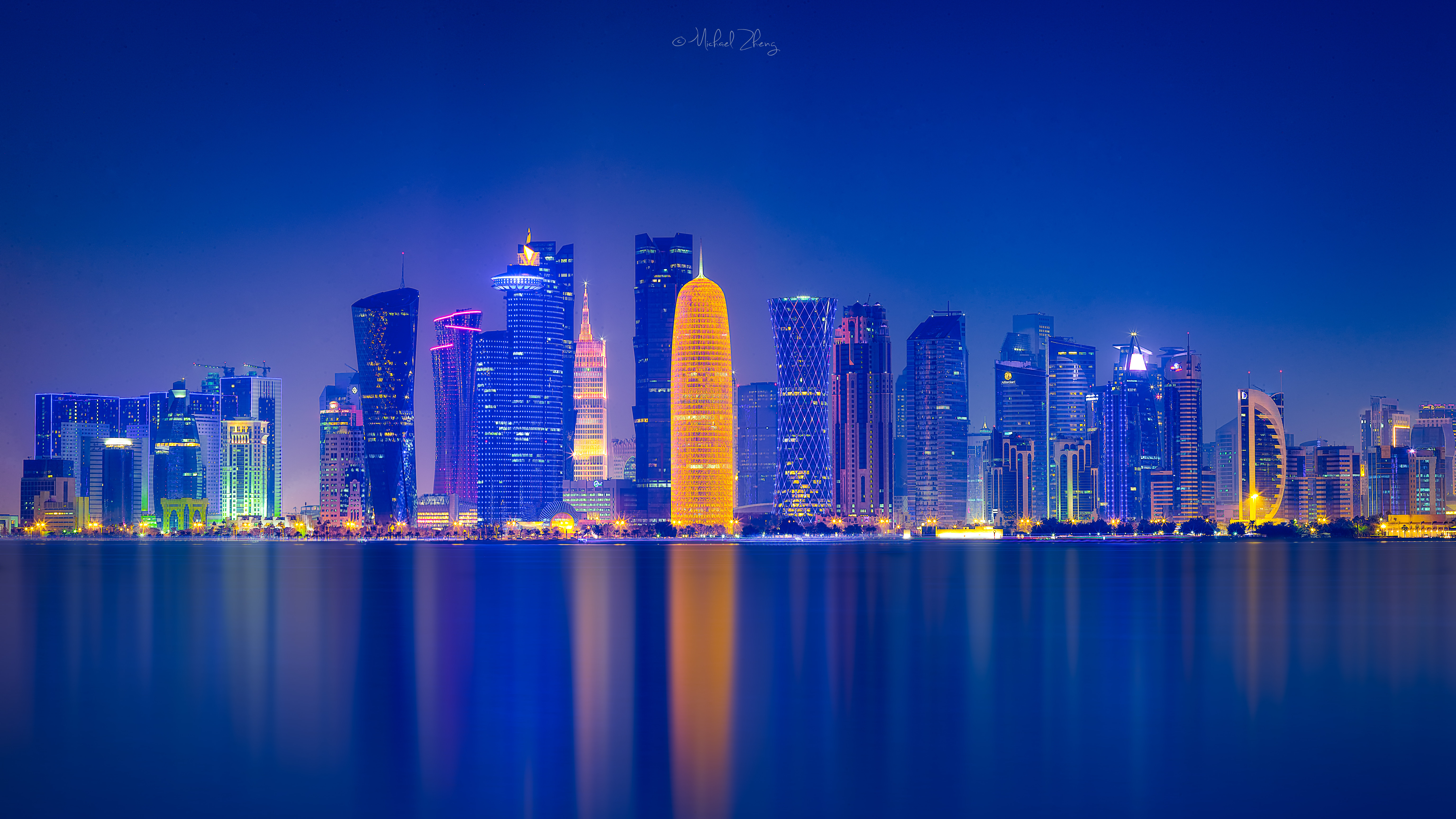 Urban Qatar Doha Landscape City Lights Reflection Night Photography 6144x3456