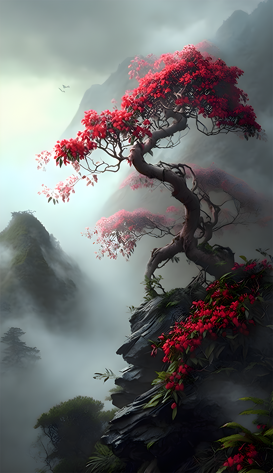 Ravine Mountains Fog Hill Of Five Elements Trees Flowers Red Flowers 1080x1872