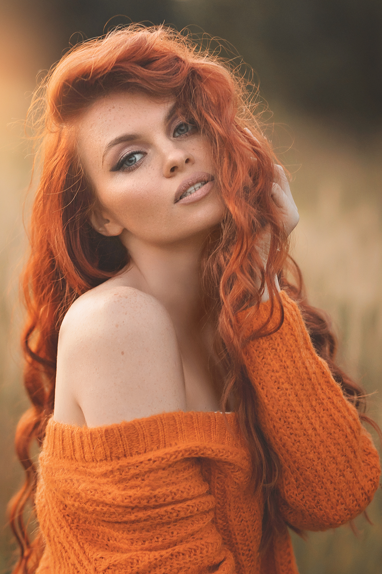 Natalia Vetoshkina Women Redhead Long Hair Wavy Hair Makeup Freckles Bare Shoulders Orange Clothing  1280x1920