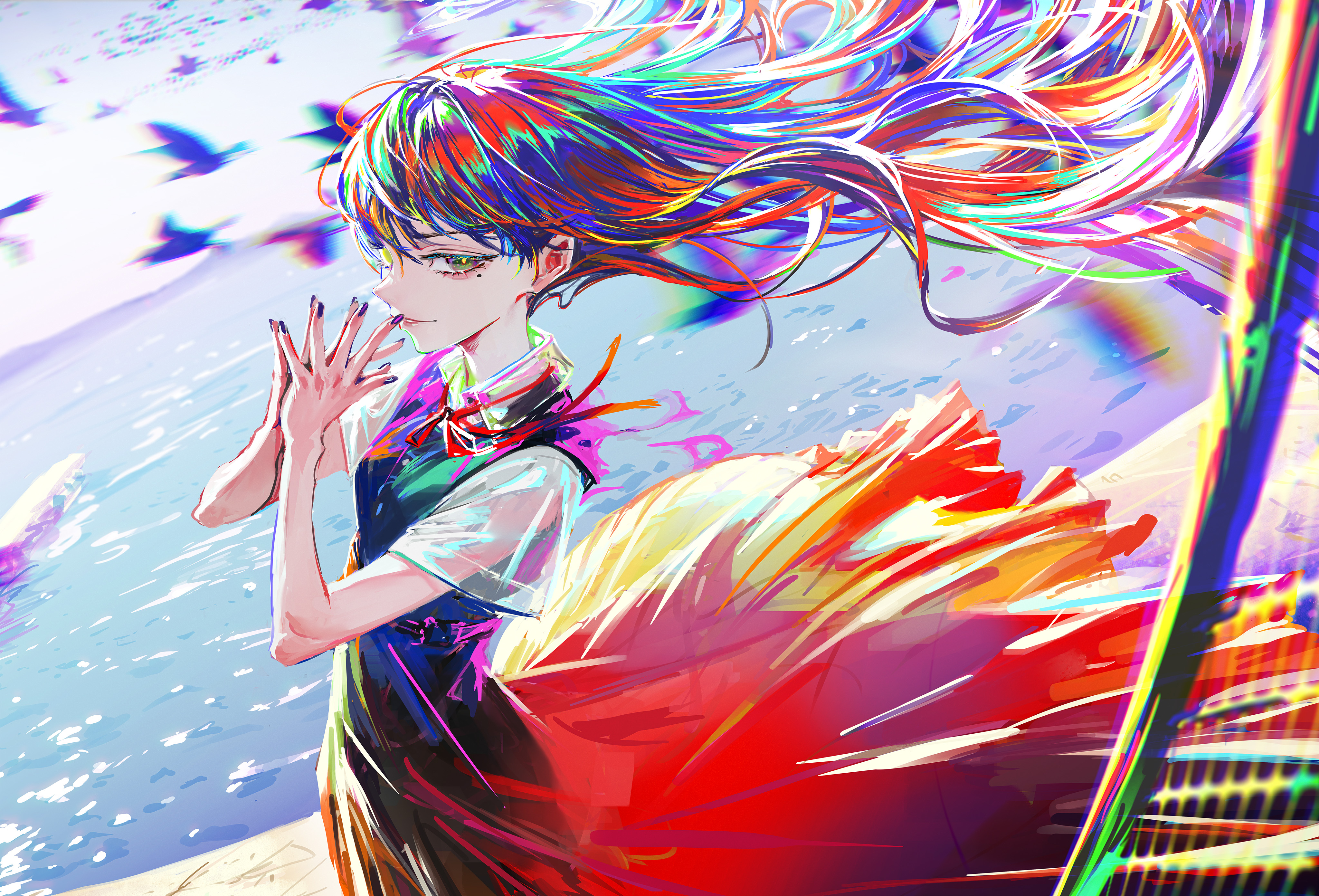 Anime Girls Colorful Rainbow Hair Mole Under Eye Long Hair Multi Colored Hair Moles Water Looking At 4096x2782