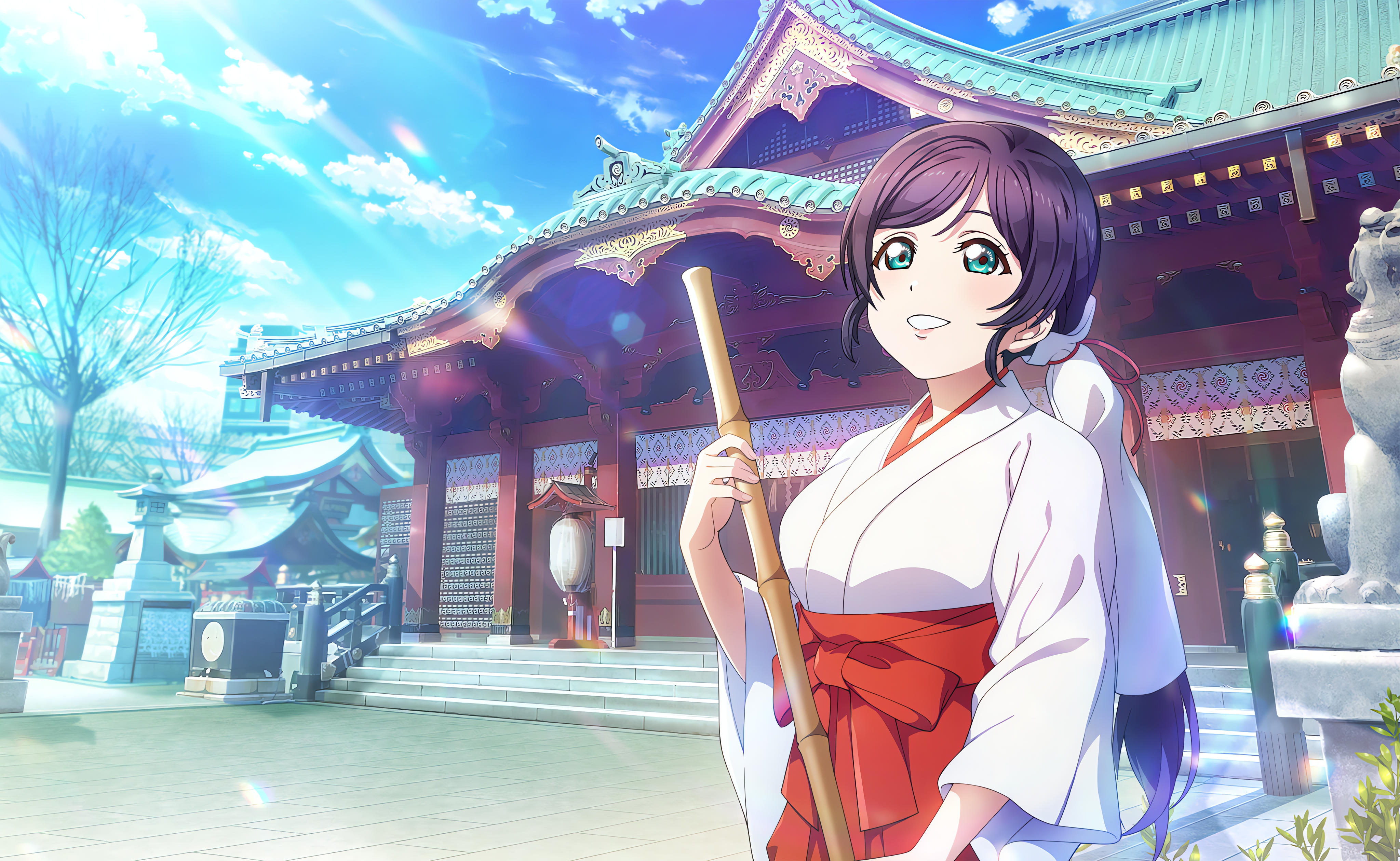 Toujou Nozomi Love Live Anime Anime Girls Sunlight Sky Clouds Looking Away Long Hair Kimono Temple S 4096x2520