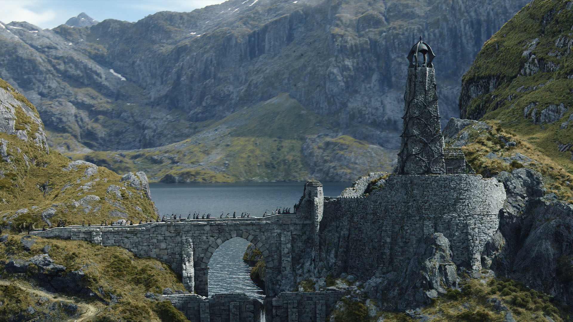 The Lord Of The Rings Rings Of Power TV Series Bridge Film Stills Lake Mountains Water 1920x1080