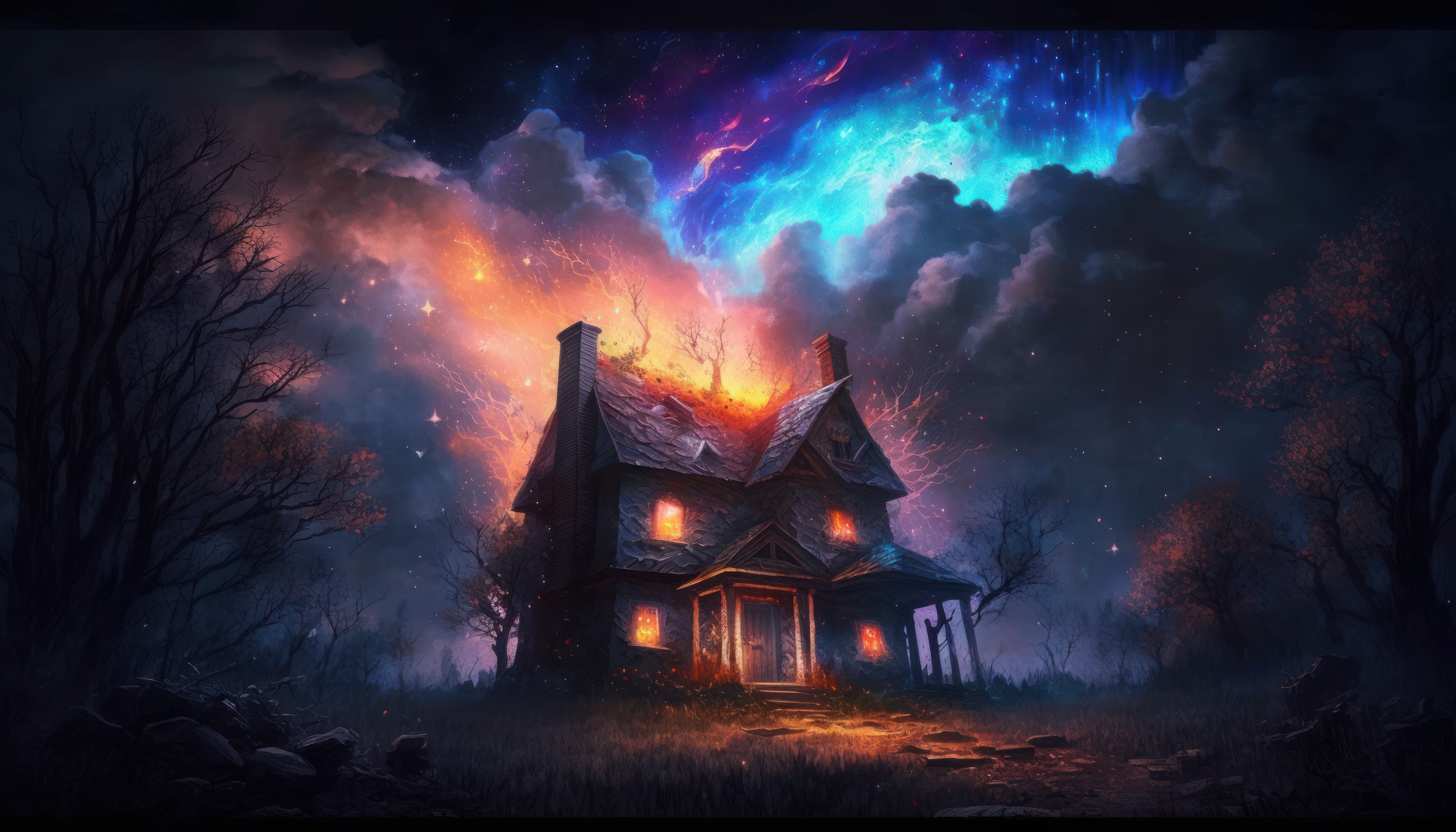 Ai Art Illustration House Clouds Sky Trees Stars Starry Night 4579x2616