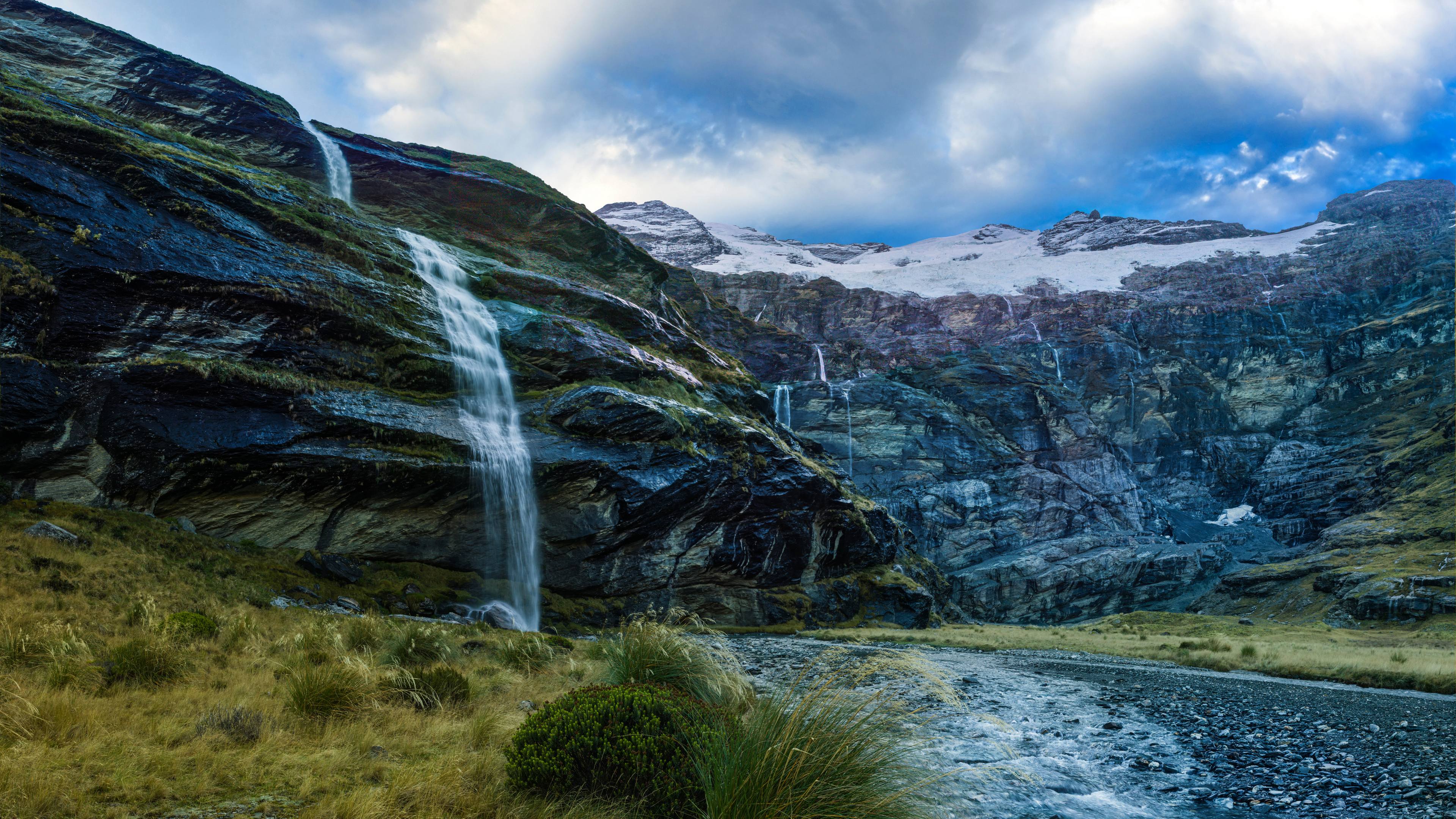 Landscape 4K Waterfall Rocks Mountains Snow New Zealand Queenstown Nature 3840x2160
