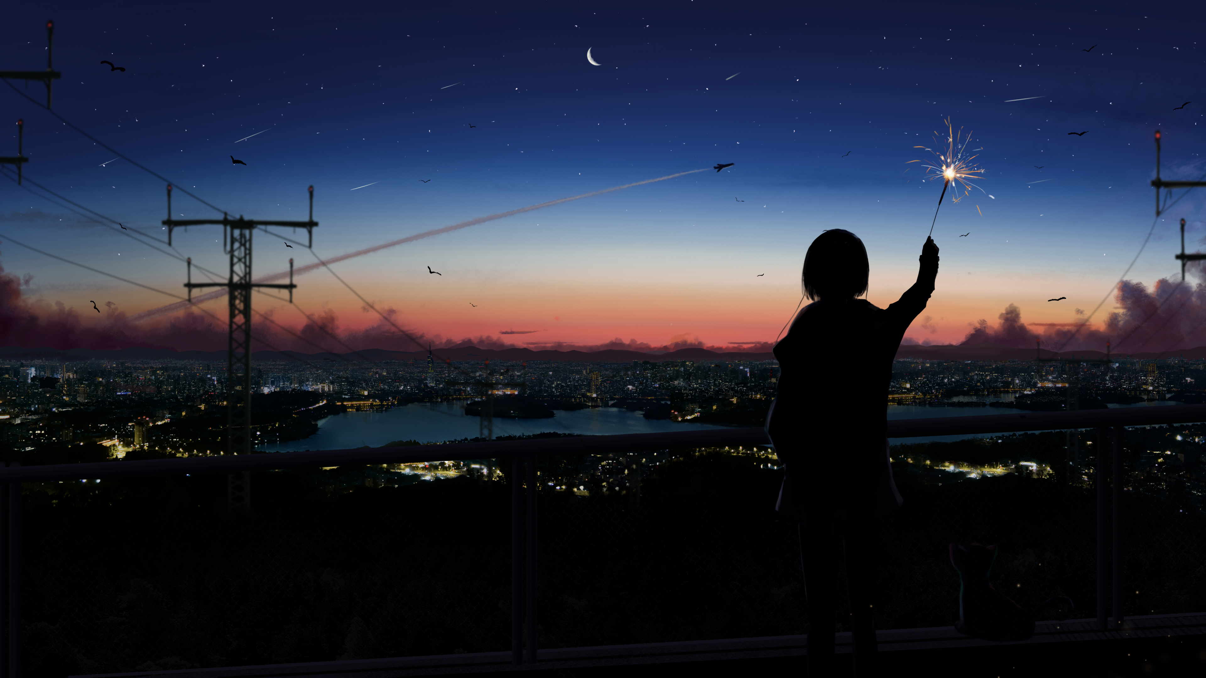 Yu Jing Illustration Clouds Sunset Glow Sunset Starred Sky Aircraft Anime Girls Utility Pole City Ri 3840x2160