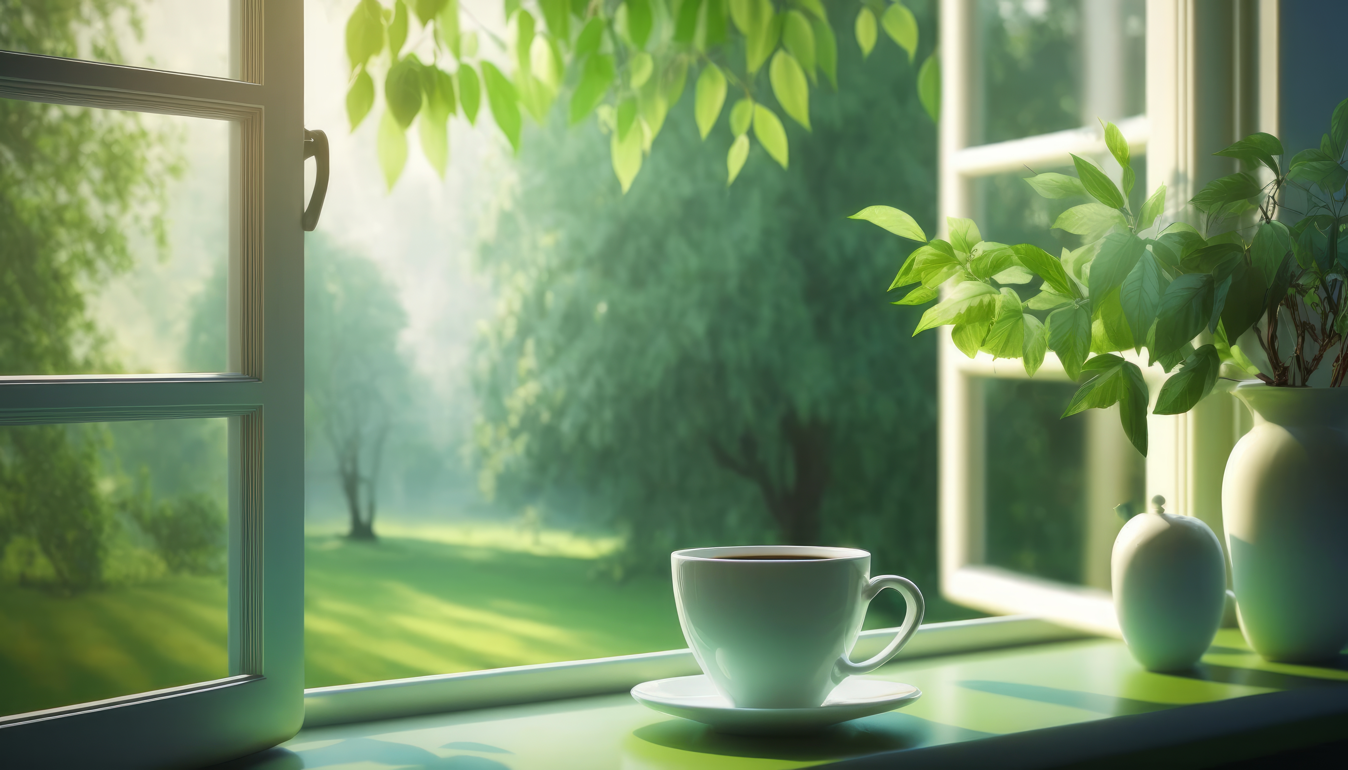 Ai Art Window Sill Tea Leaves Green Illustration Nature Plants Drink Window 4579x2616