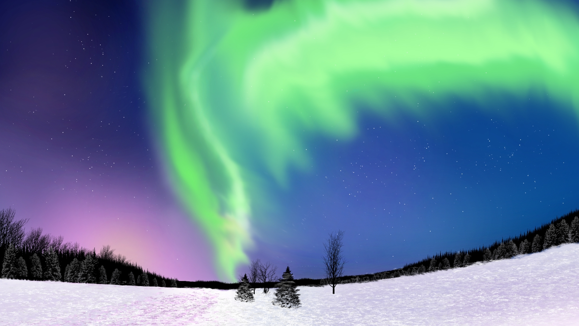 Digital Painting Digital Art Nature Landscape Winter Aurorae Starry Night 1920x1080