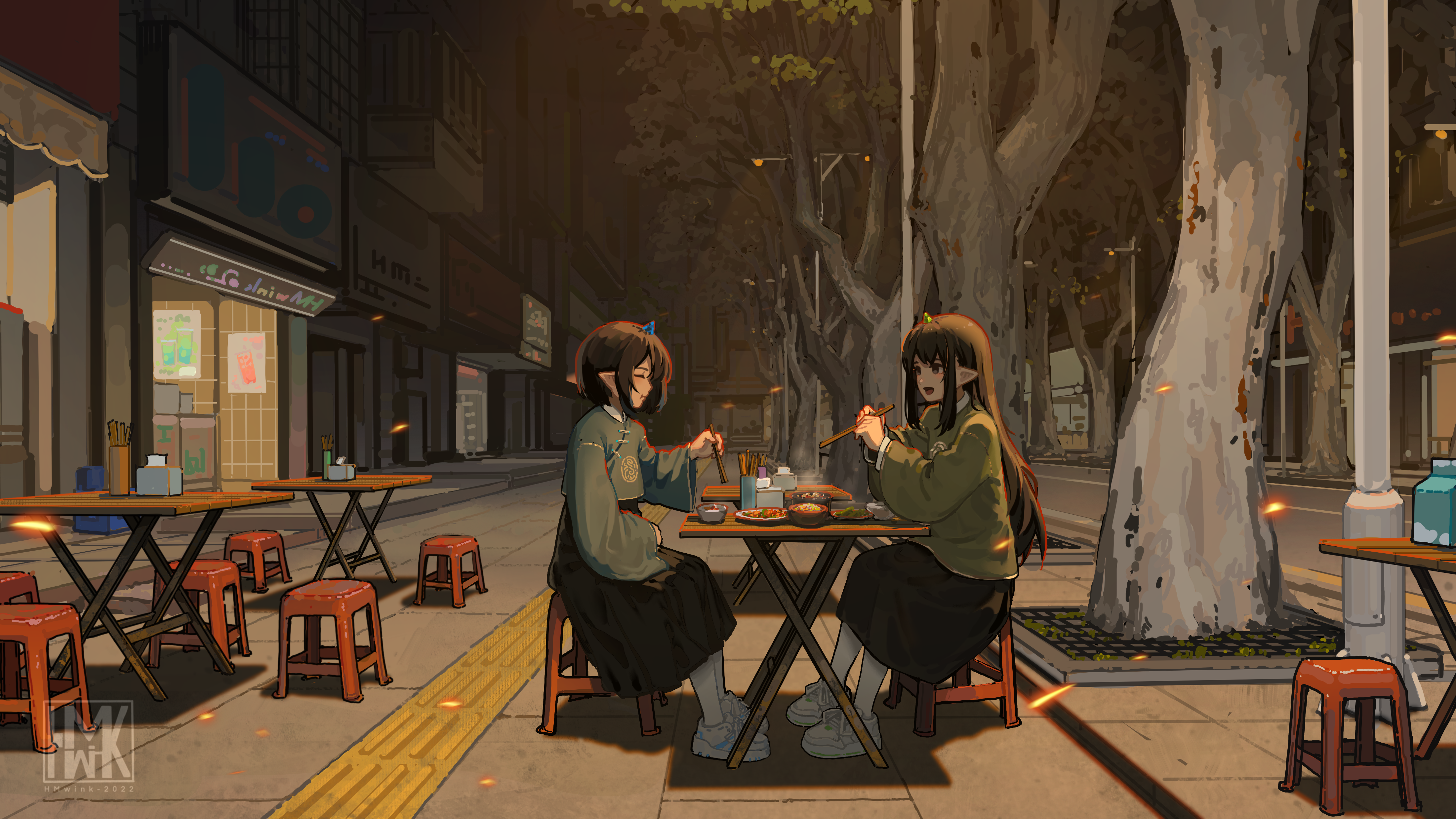 Anime Anime Girls Hua Ming Wink Two Women Street Food Pointy Ears Eating Closed Eyes Anime Girls Eat 4404x2478
