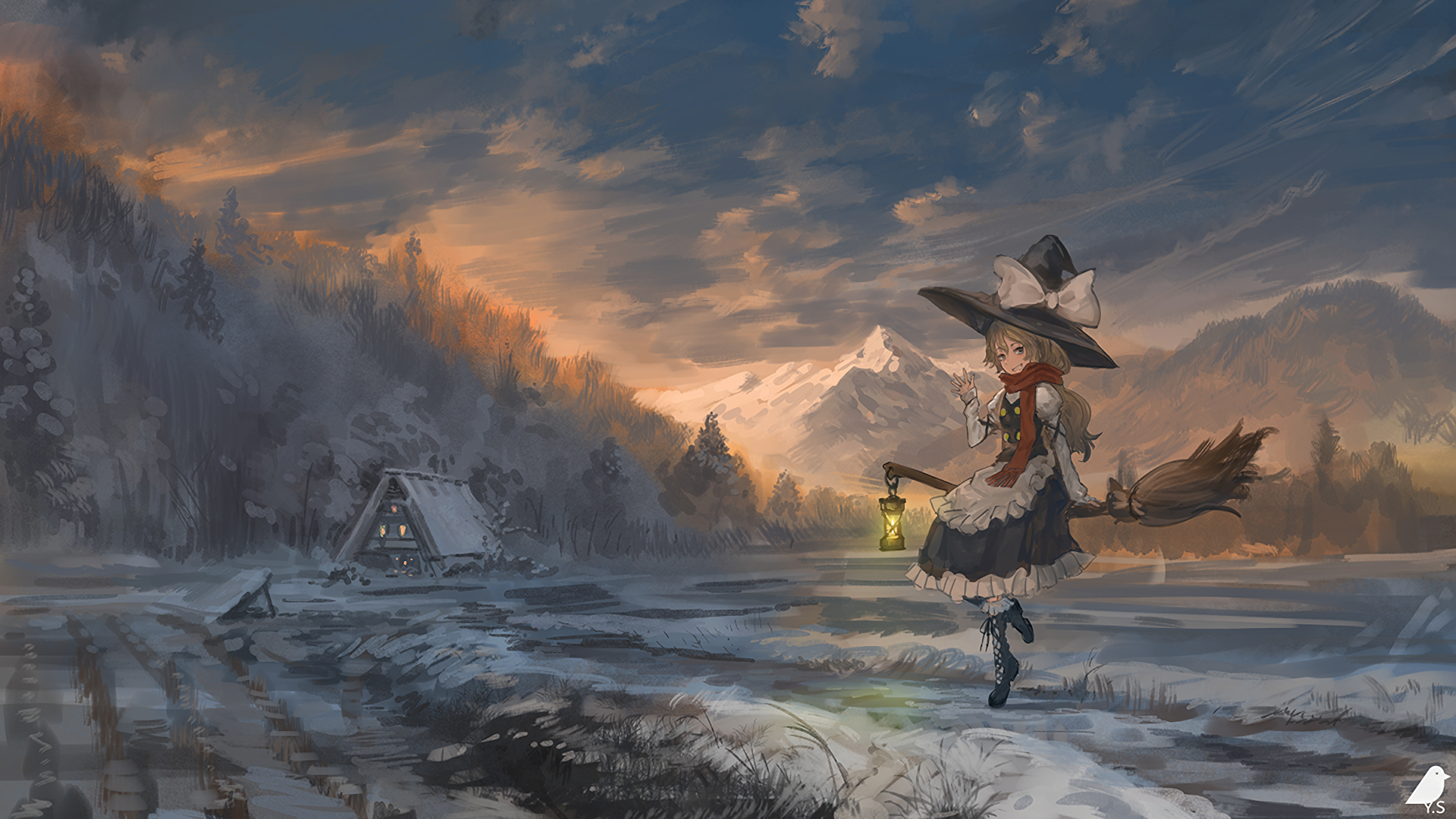 Anime Anime Girls Touhou Witch Hat Broom Snow Mountains Maid Maid Outfit Kirisame Marisa 1920x1080