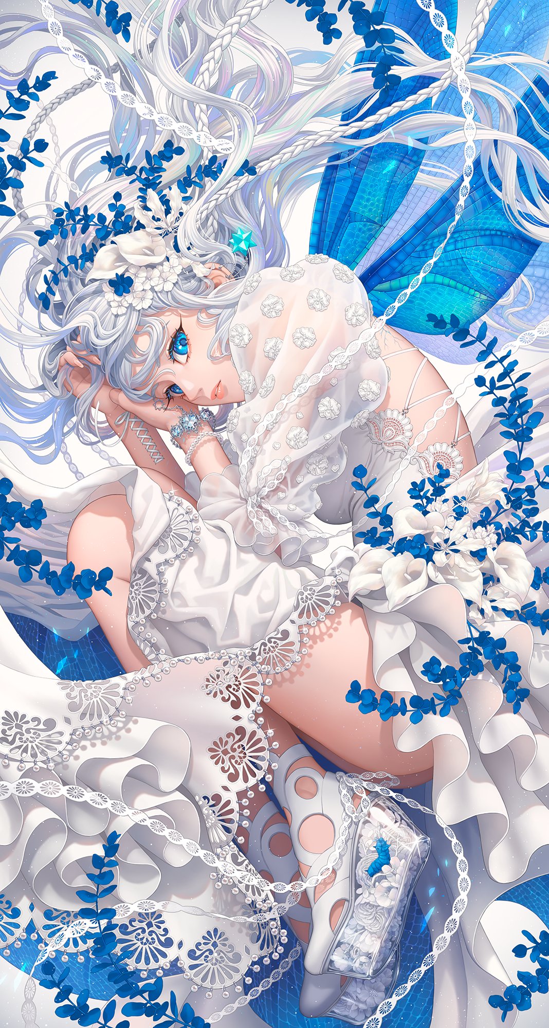 Minami Portrait Display Anime Girls Blue Eyes White Dress White Hair Long Hair Looking At Viewer Dre 1068x2000