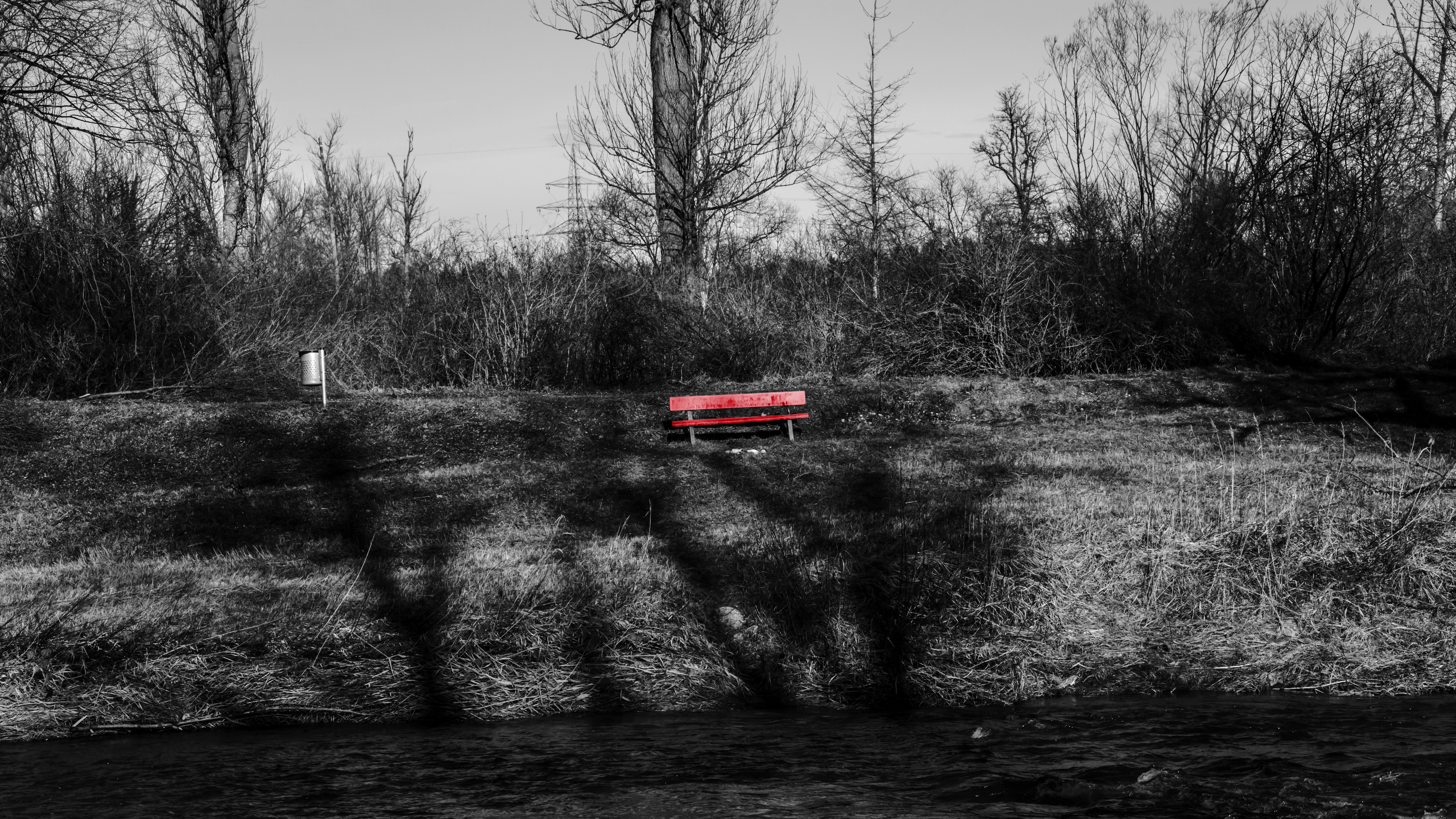 Photography Selective Coloring Bench Trees Outdoors River Grass 6000x3376