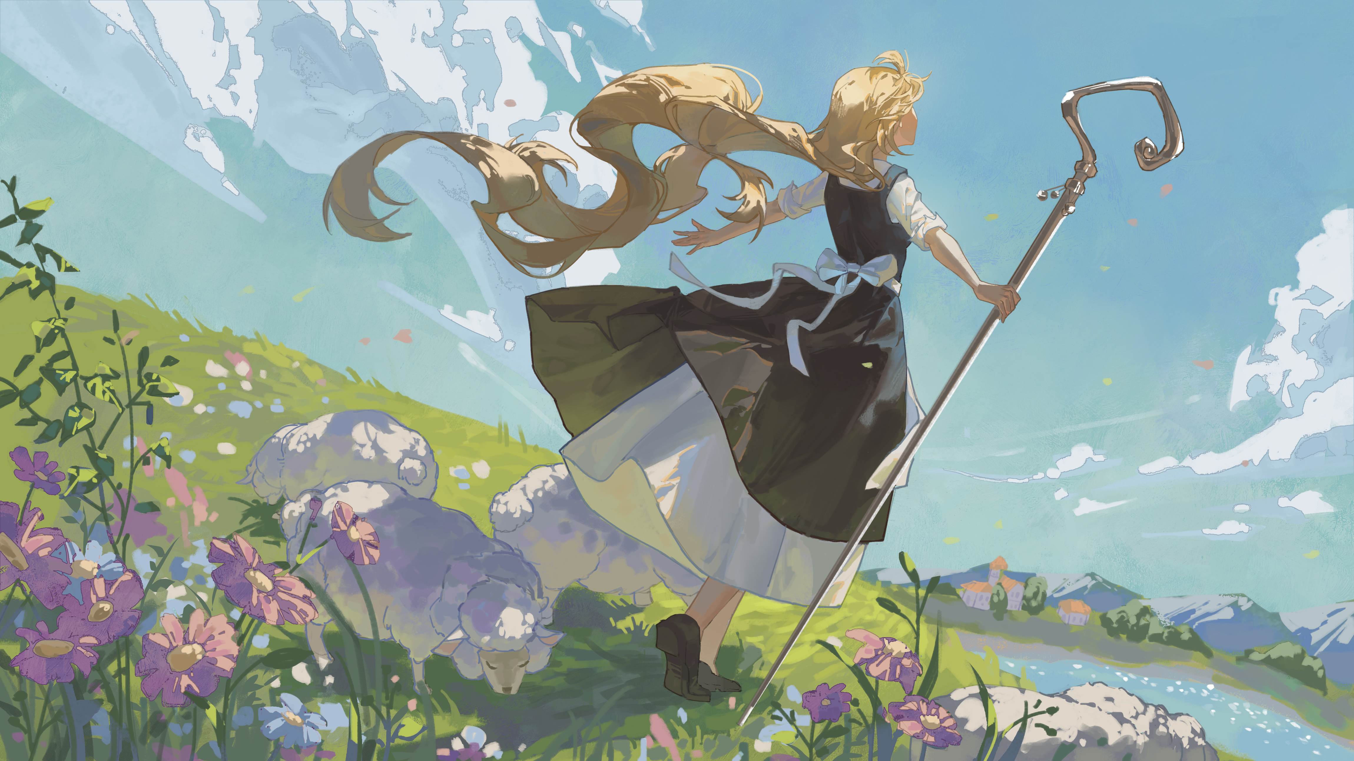 Anime Anime Girls Long Hair Blonde Flowers Grass Sky Clouds Water Mountains Standing Looking Up Shee 4599x2587