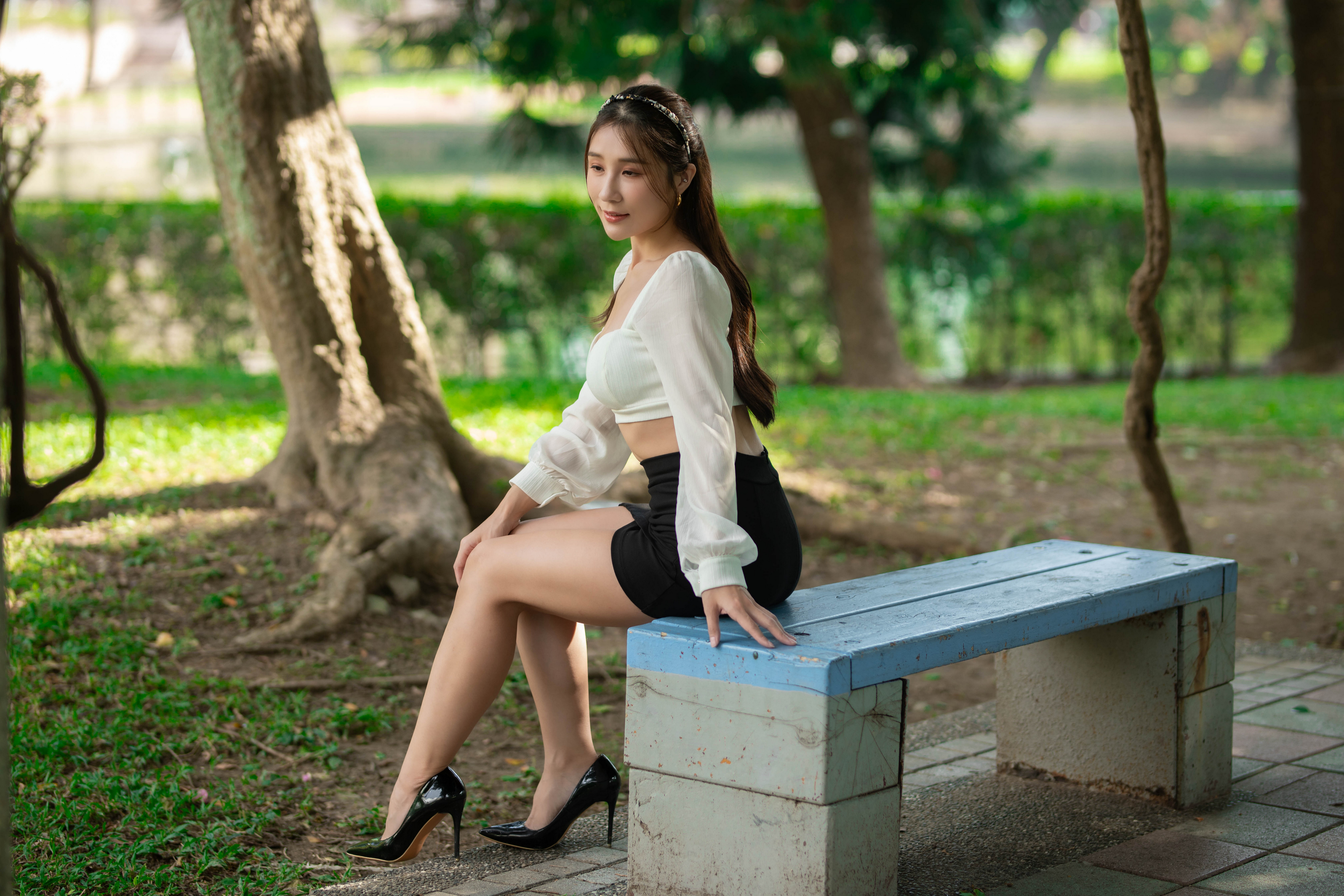 Asian Model Women Long Hair Dark Hair Bench Sitting 3840x2560