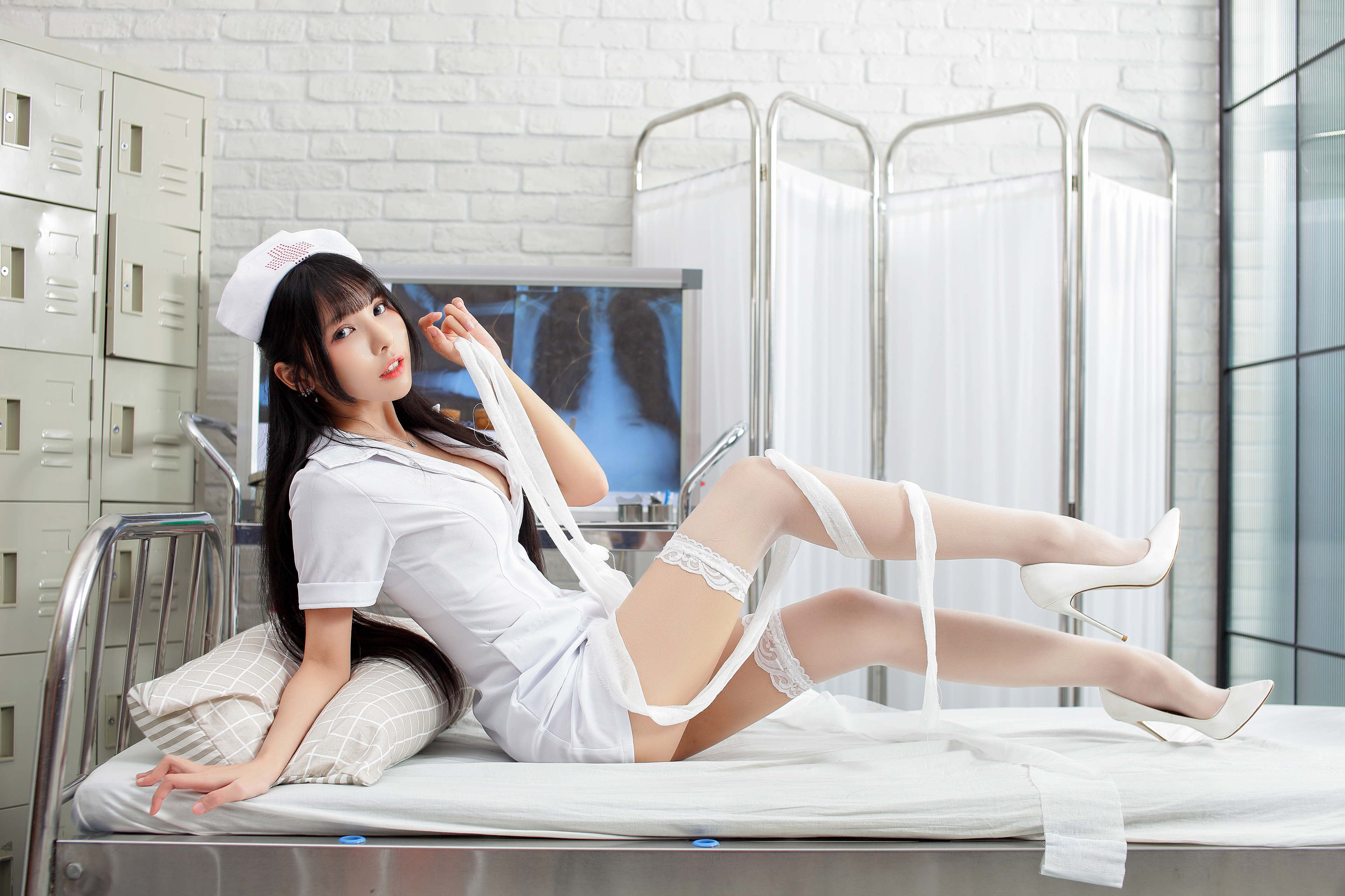 Asian Model Women Long Hair Dark Hair Vicky Asian Model Nurse Outfit White Heels Bed Cabinets X Rays 3840x2560