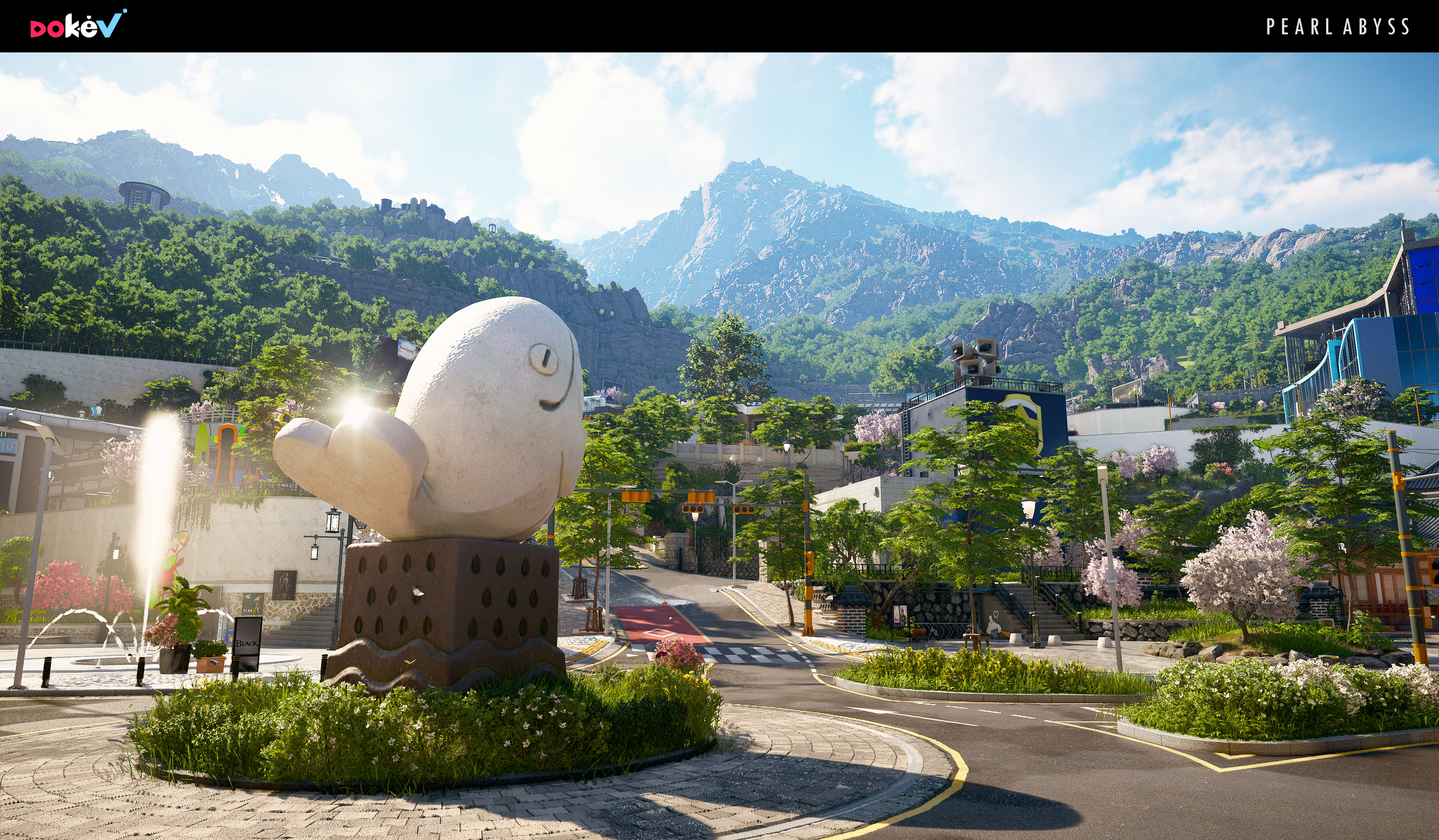 Pearl Abyss DokeV Screen Shot Video Games Environment Watermarked Town Statue Roundabouts Mountains  3840x2243