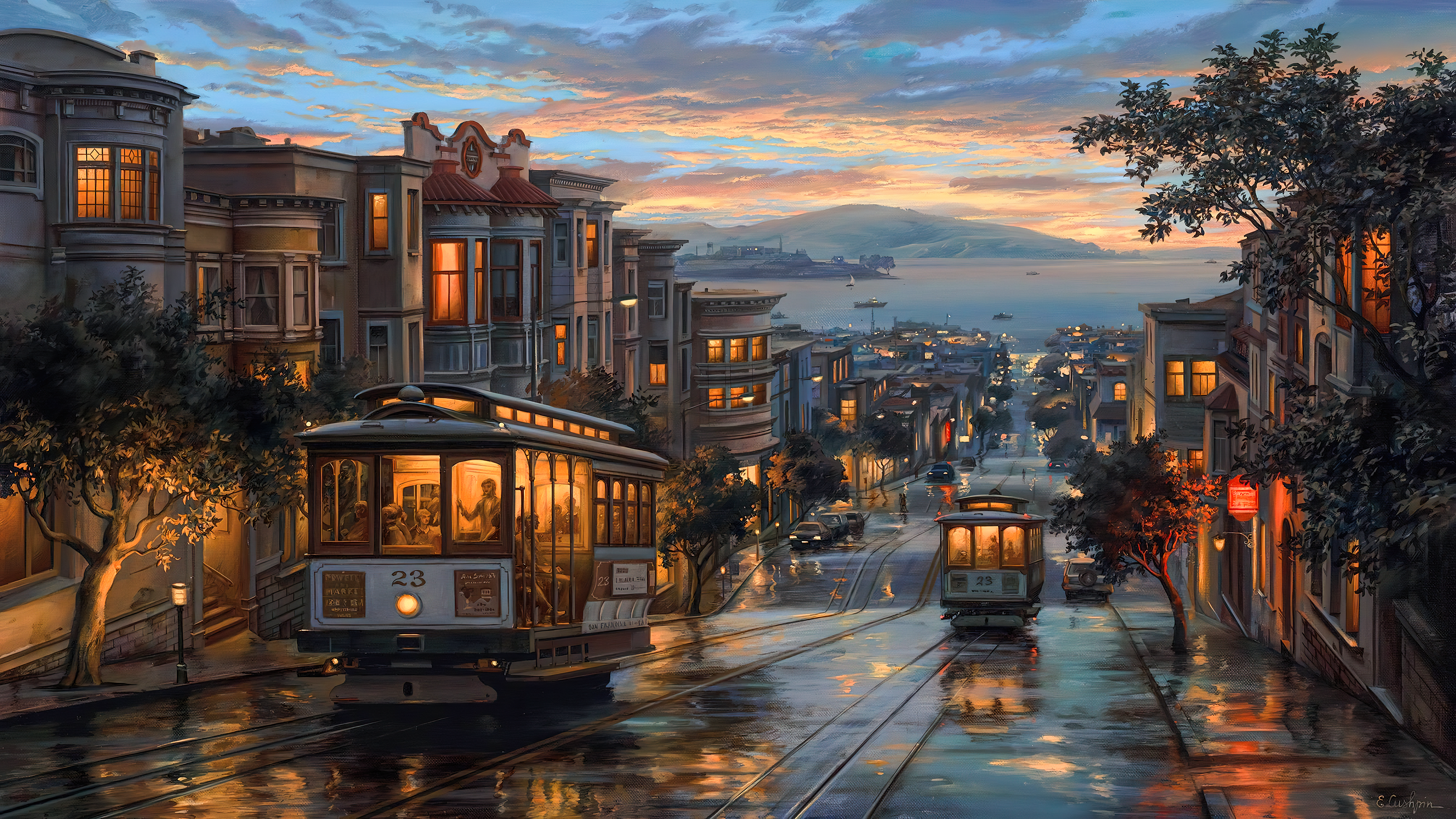Digital Painting Cable Car San Francisco Clouds Sunset Trees City Sunset Glow City Lights 3840x2160
