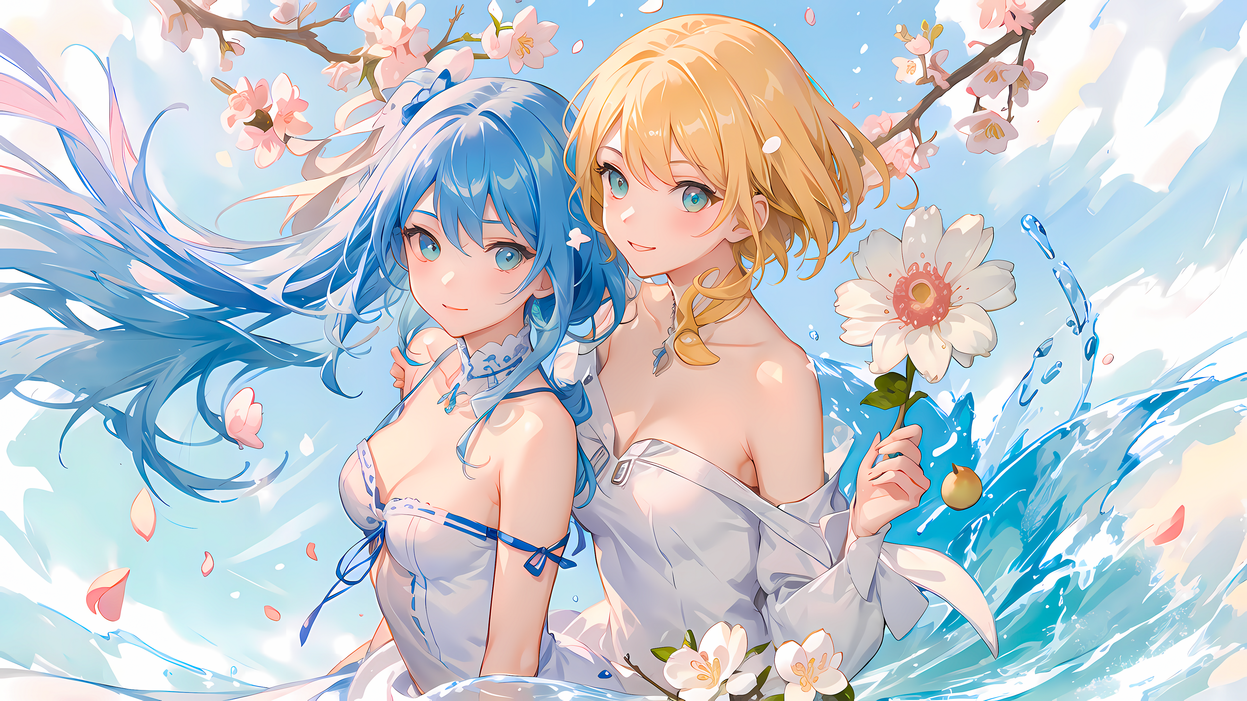 Ai Art Blue Hair Flower In Hair Skirt Plum Blossom Anime Girls Water Petals Flowers Smiling Long Hai 4098x2305