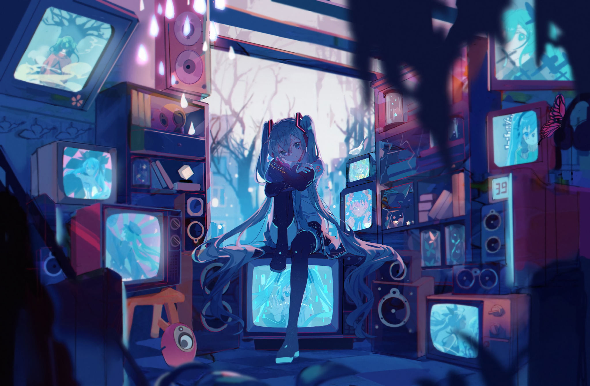 Hatsune Miku Anime Vocaloid Anime Girls Twintails Sitting Blue Hair Blue Eyes TV Looking At Viewer S 2048x1341