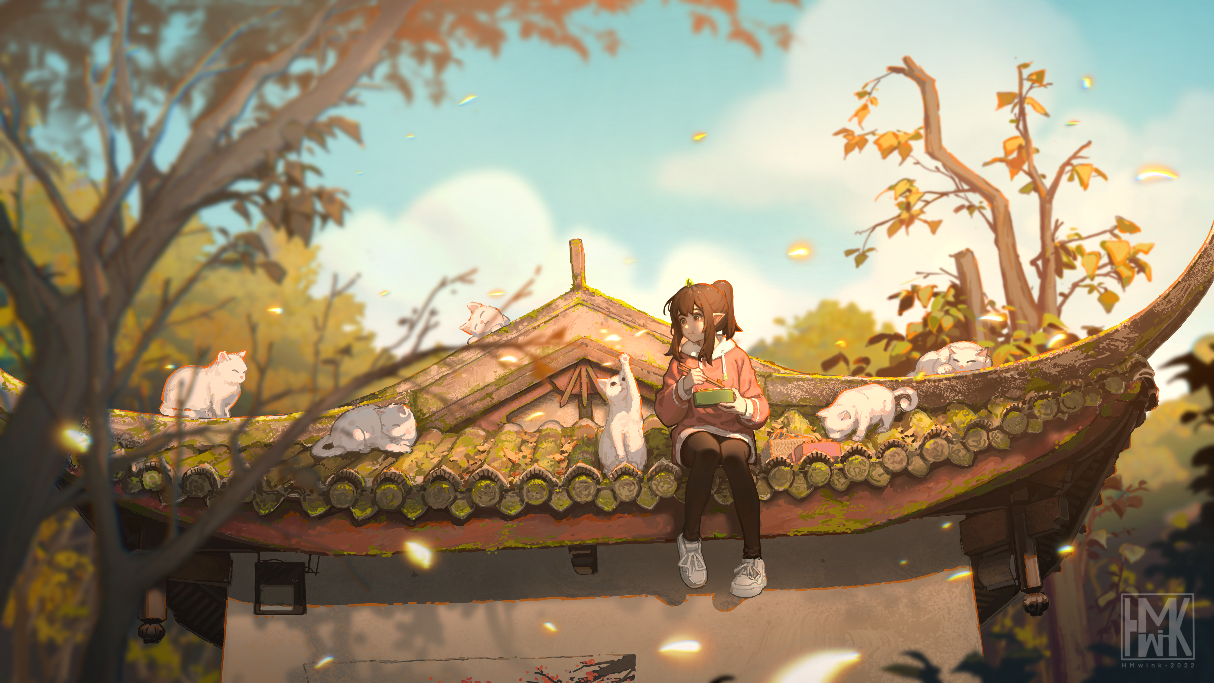Hua Ming Wink Original Characters Chinese Architecture Cats Eating Anime Girls Pointy Ears Animals T 4876x2743