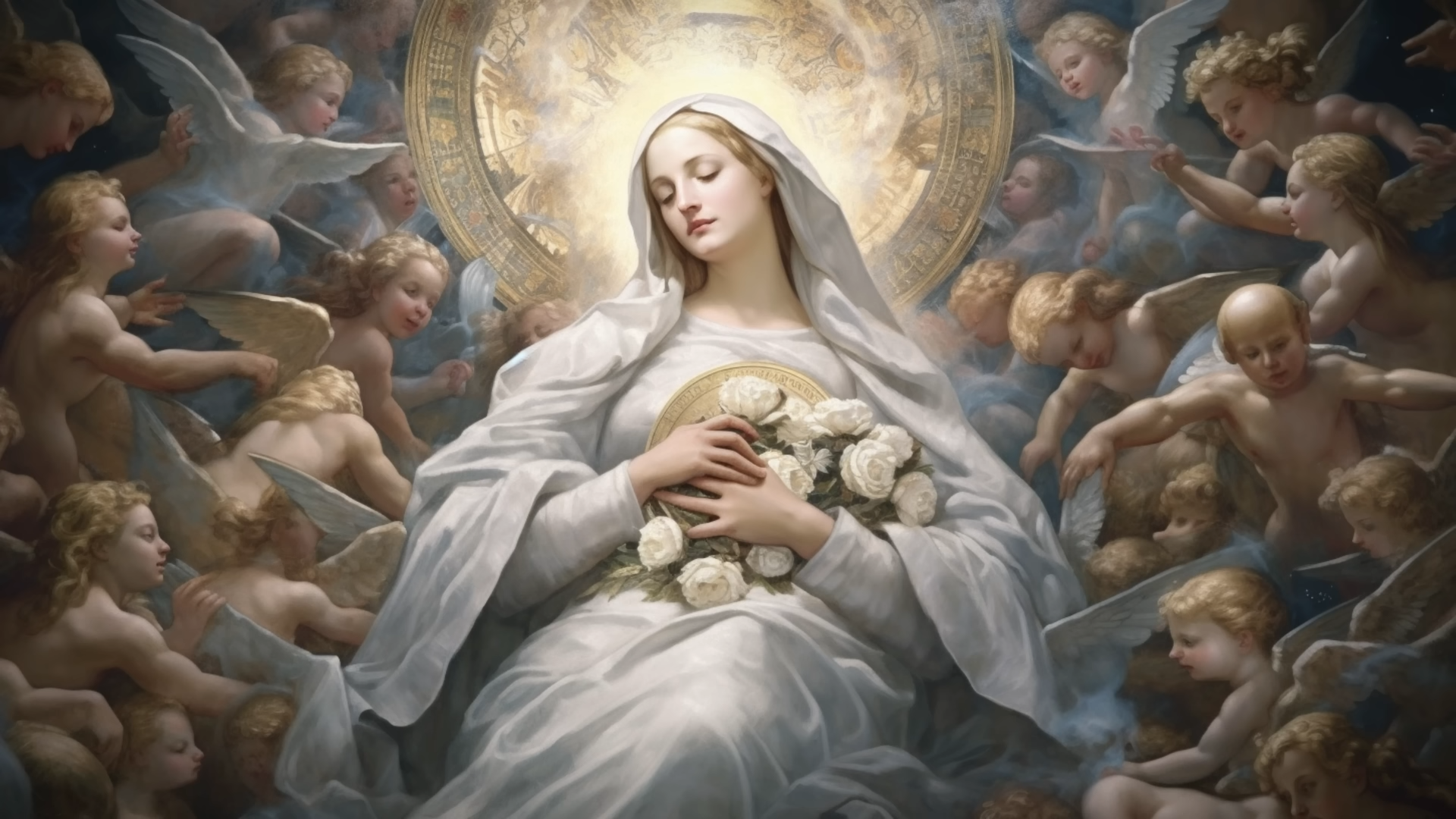 Holy Mary Sky Angel Closed Eyes Religion Flowers Baby Ai Art 1920x1080