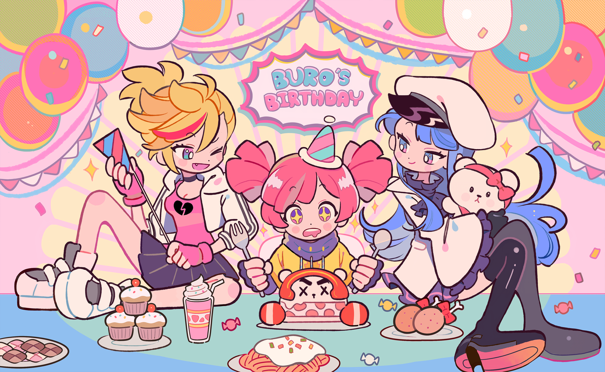 MuseDash Music Anime Girls Colorful Sweets Food Candy Balloon One Eye Closed Hat Birthday Cake Happy 2048x1260