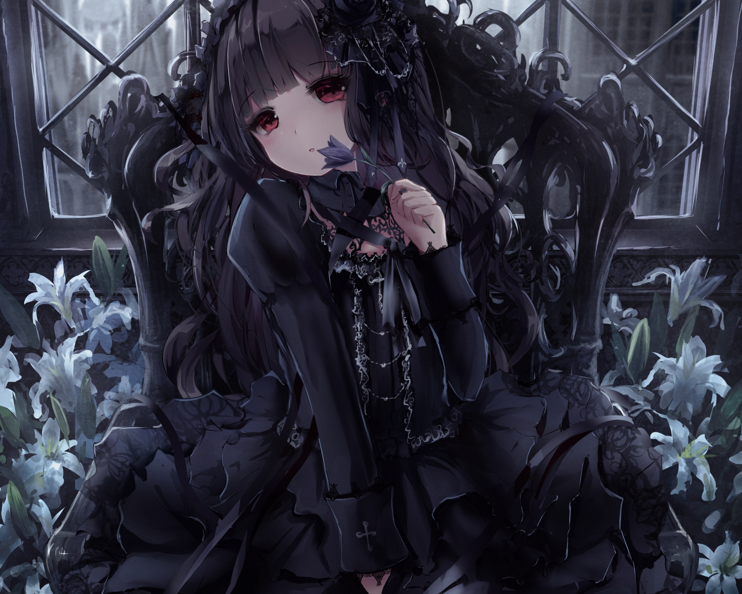 Anime Anime Girls Sitting Gothic Dress Flowers Window Looking At Viewer Long Hair Red Eyes 1447x1158