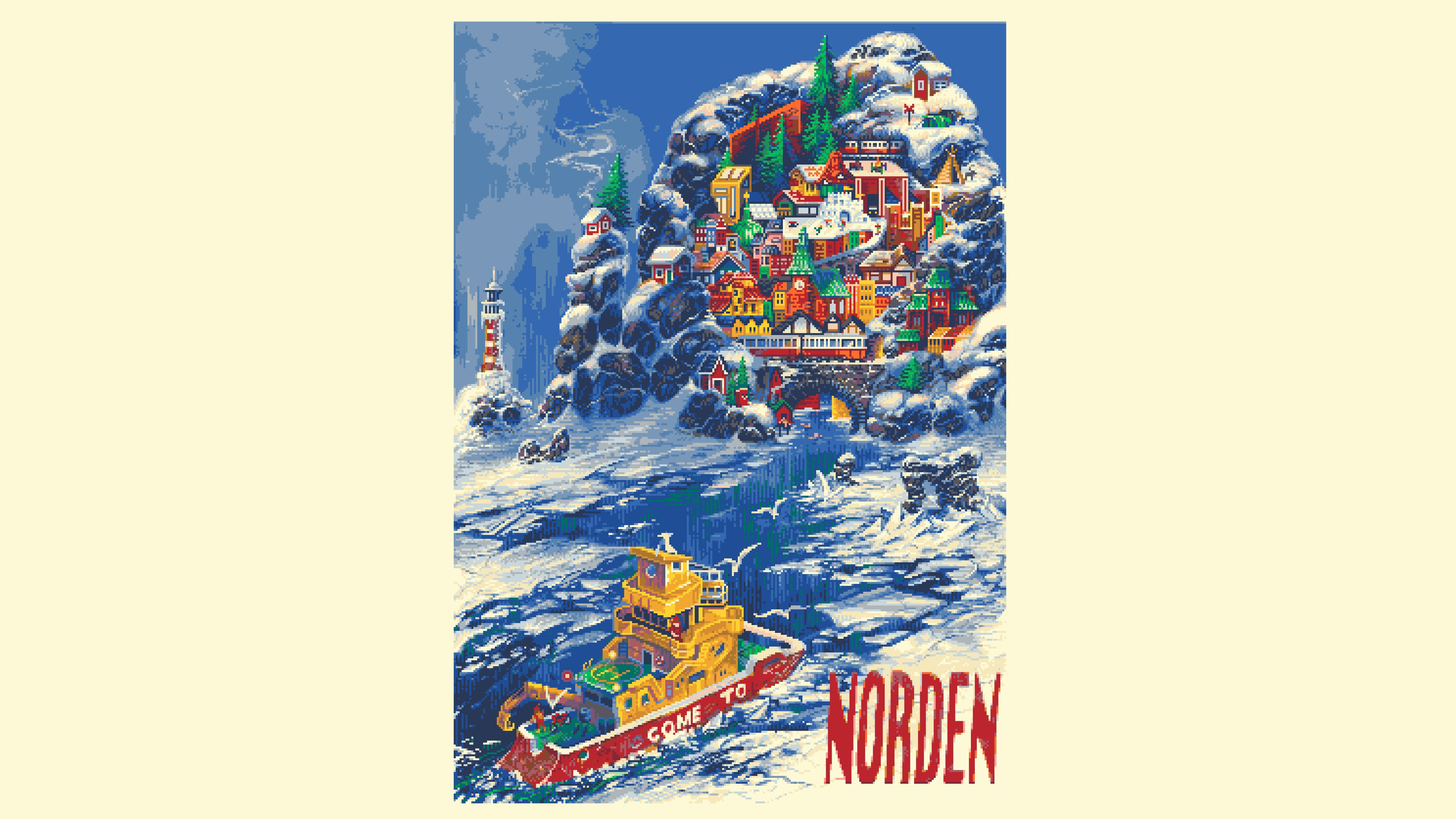 Pixel Art Digital Art Simple Background Minimalism Snow Ship Village 3840x2160