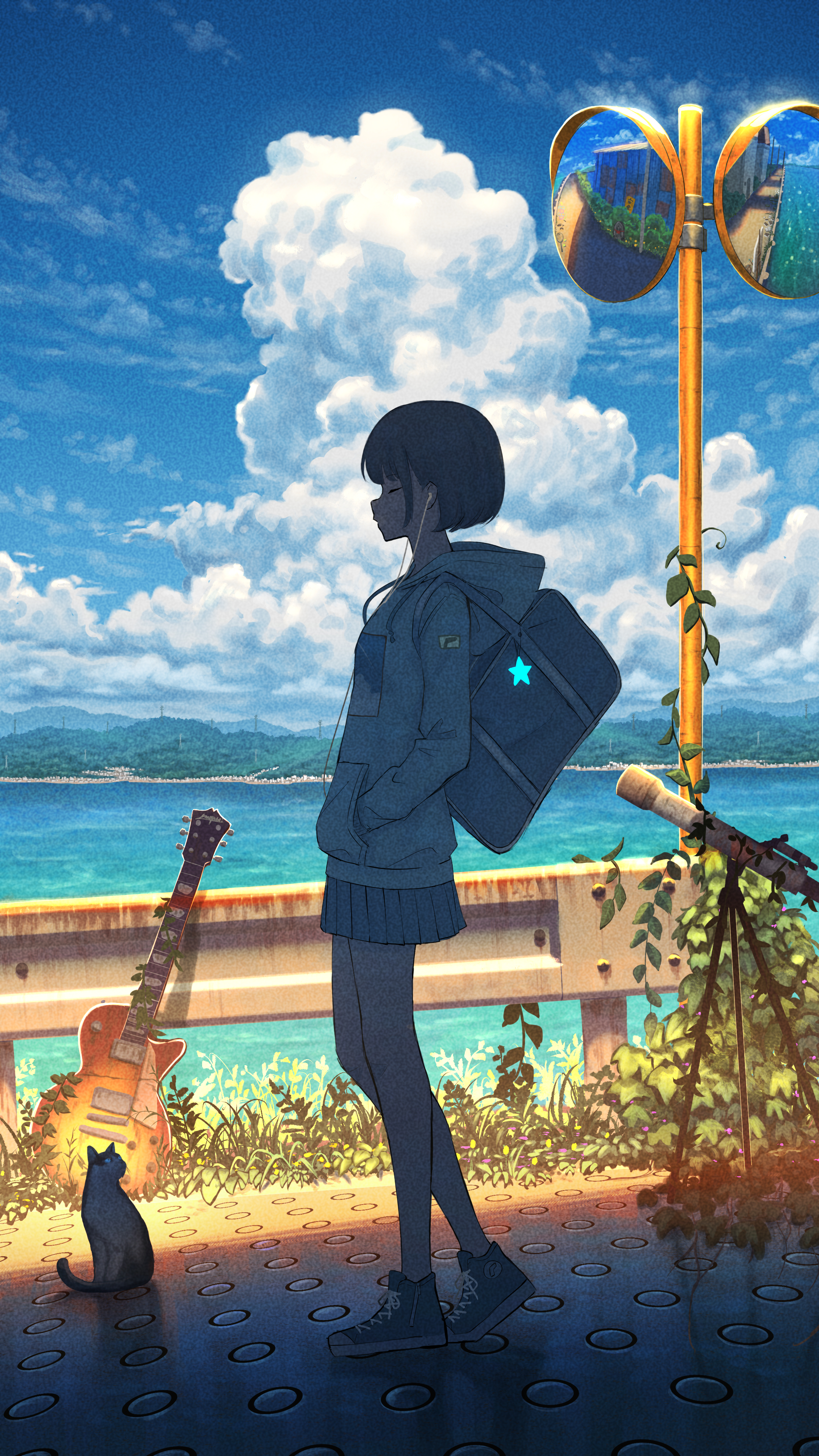 Anime Anime Girls Profile Portrait Display Water Cats Sky Walking Clouds White Hoodie Hoods Guitar T 2160x3840