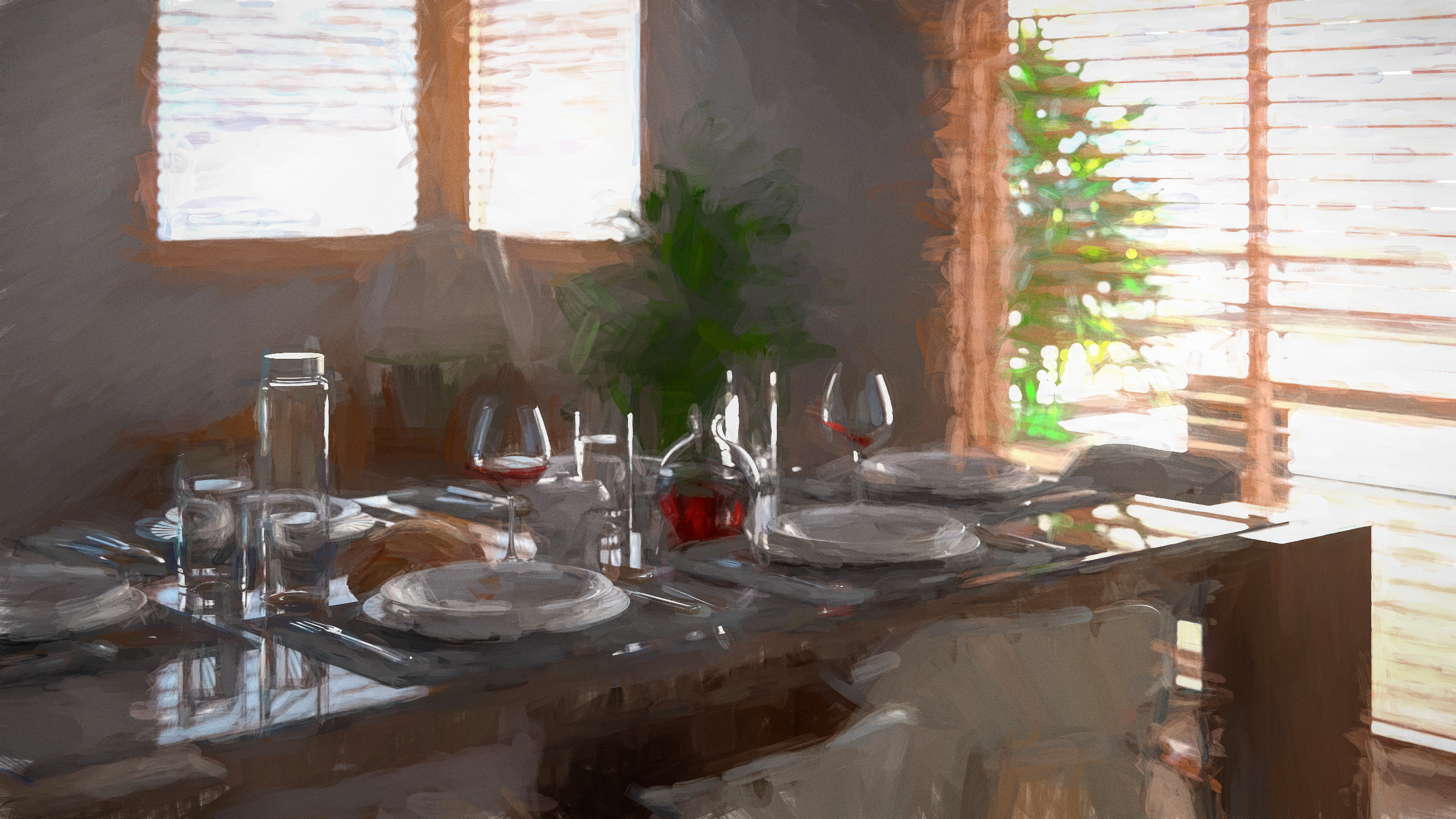 3D Graphics CGi Digital Art Shader Oil Painting Painting Table Indoors Wine Drink 2560x1440