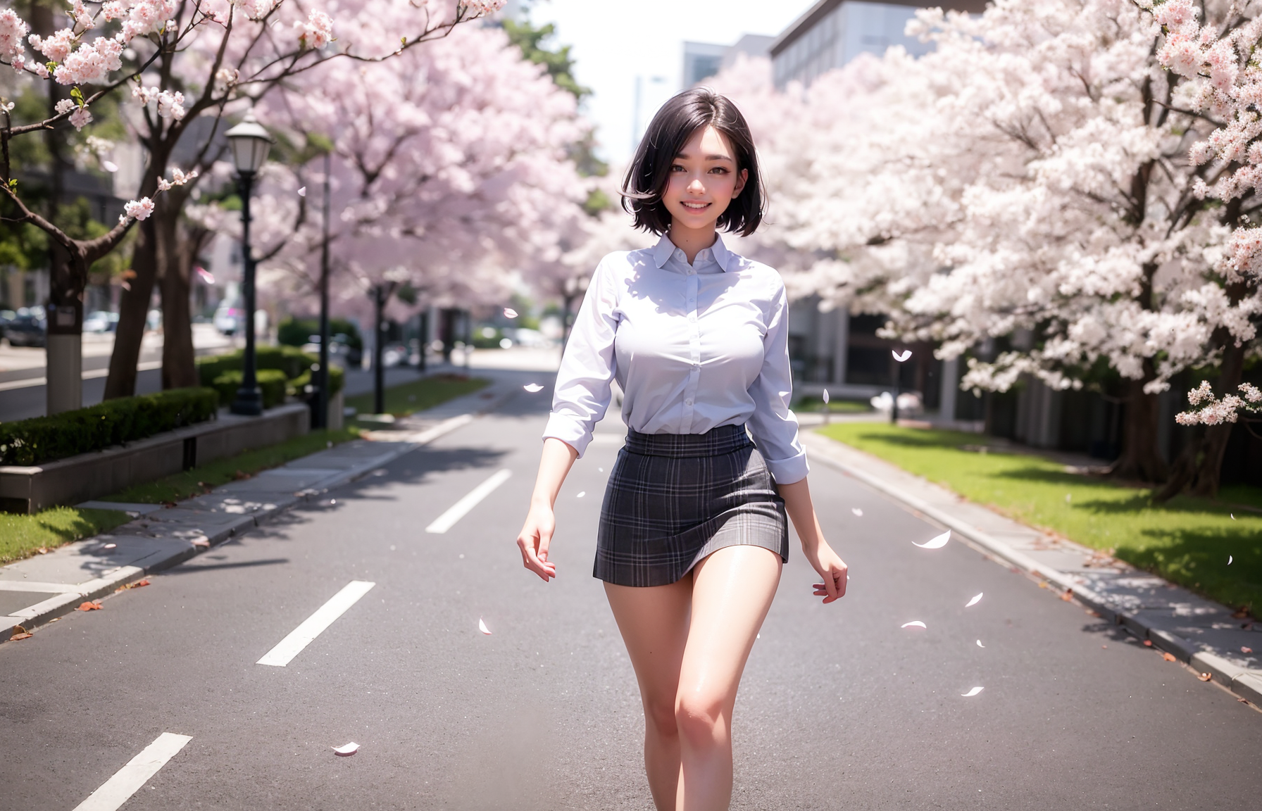 Ai Art Women Asian Smiling Looking At Viewer Road Petals Trees Short Hair Skirt Legs 1792x1152