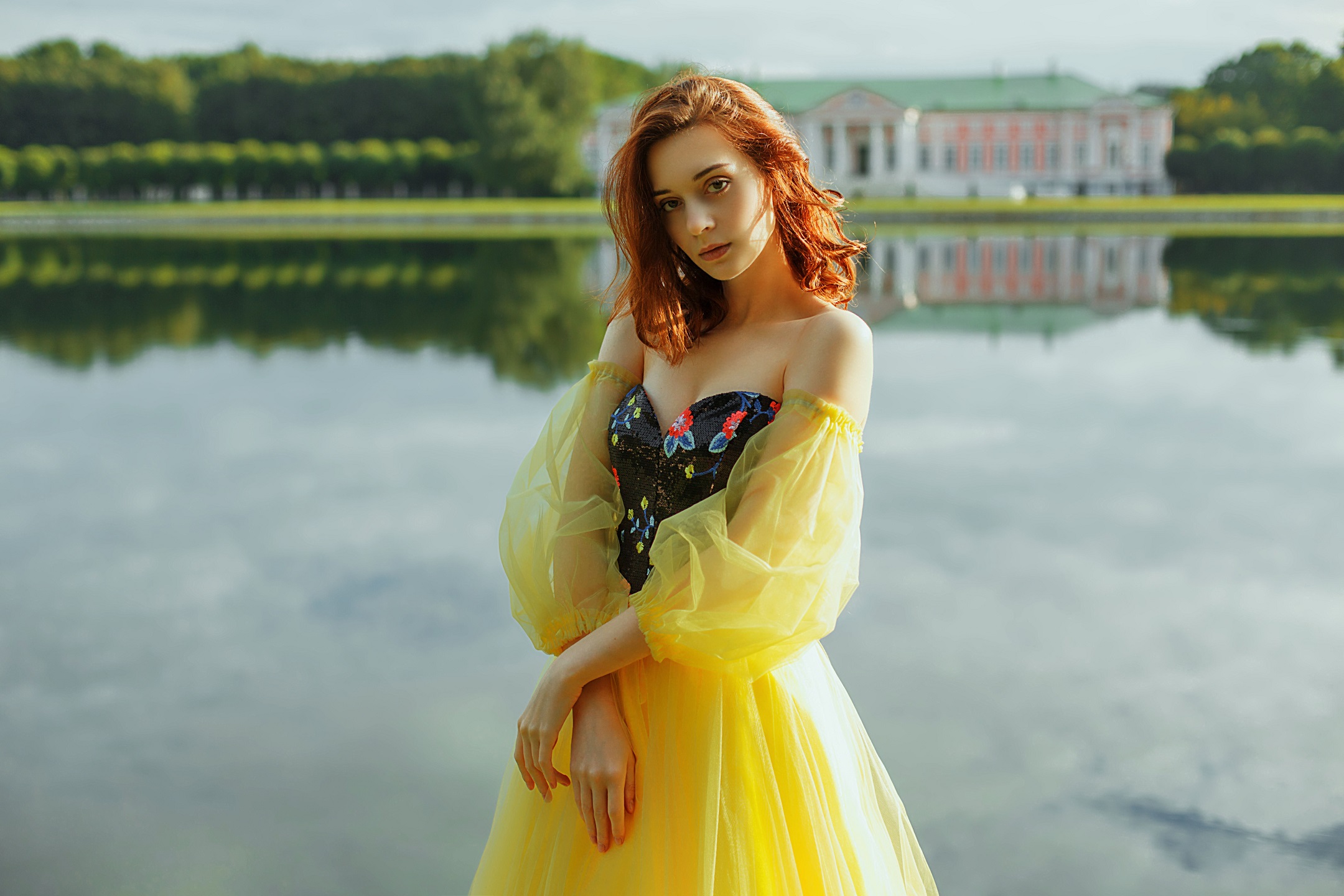 Marie Dashkova Women Redhead Shoulder Length Hair Looking At Viewer Dress Bare Shoulders Lake Outdoo 2160x1440
