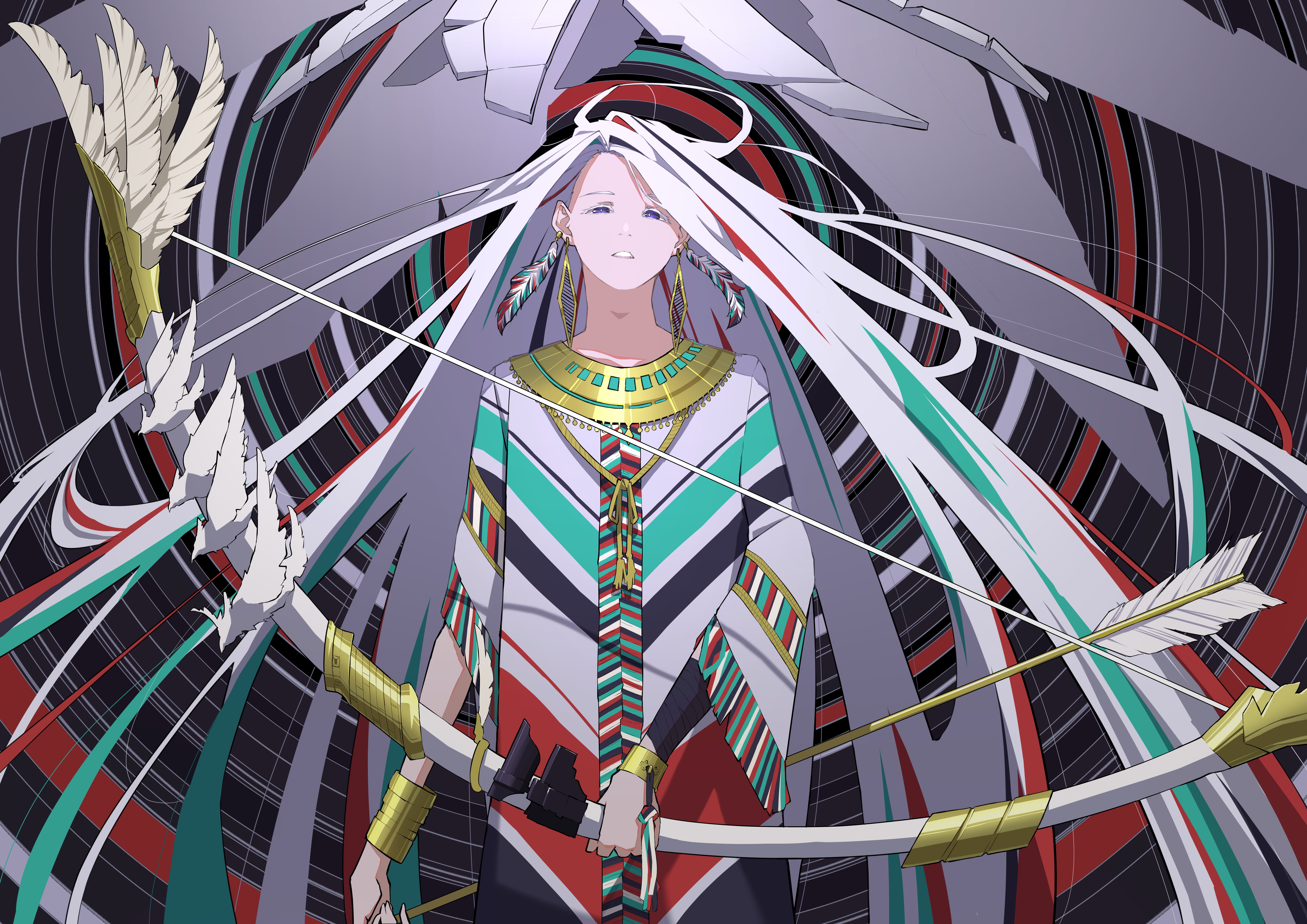 Nico Tina Long Hair Anime Girls White Hair Earring Bow And Arrow Multi Colored Hair 7017x4961