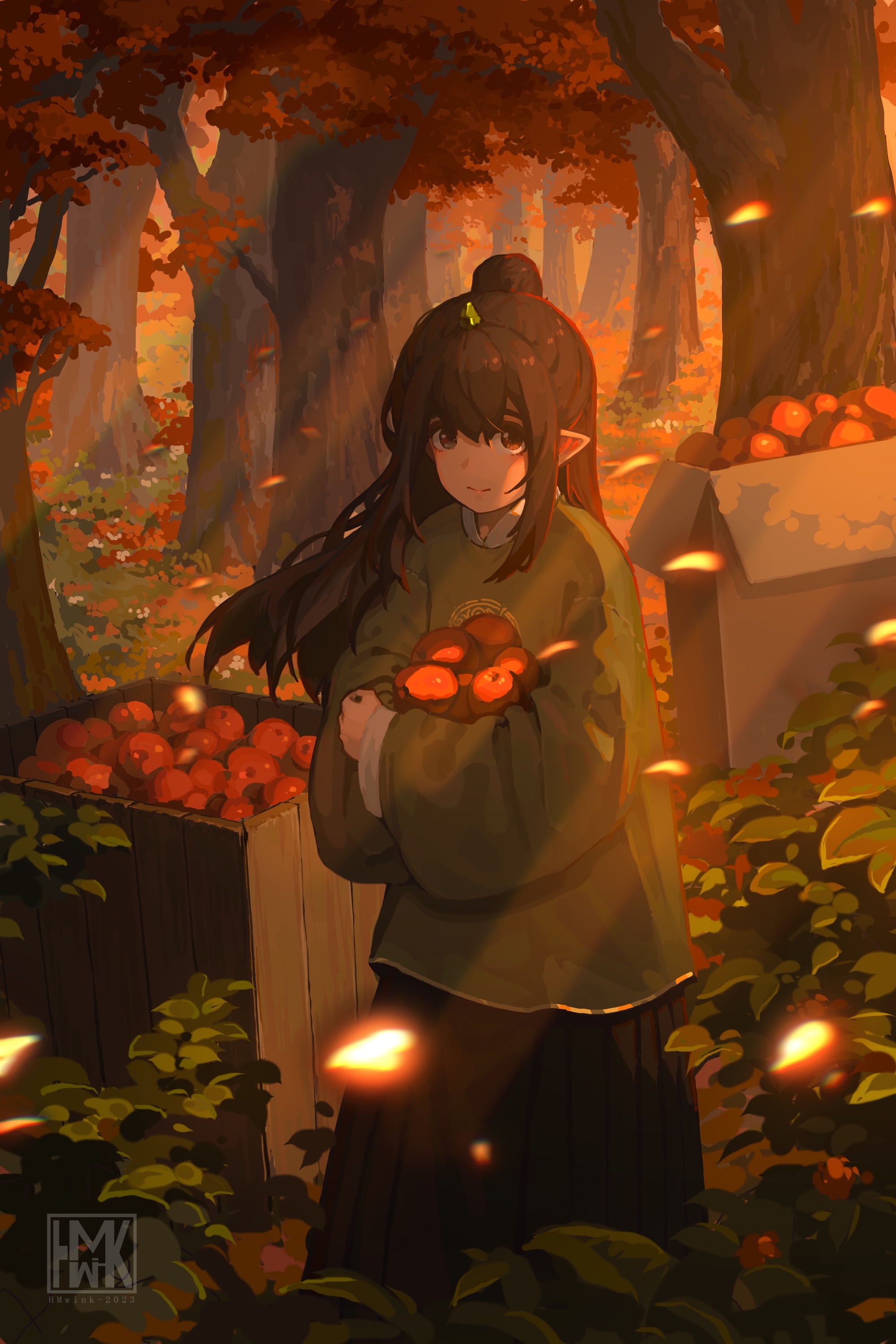 Hua Ming Wink Anime Girls Portrait Display Smiling Pointy Ears Long Hair Leaves Fruit Trees Watermar 2000x3000