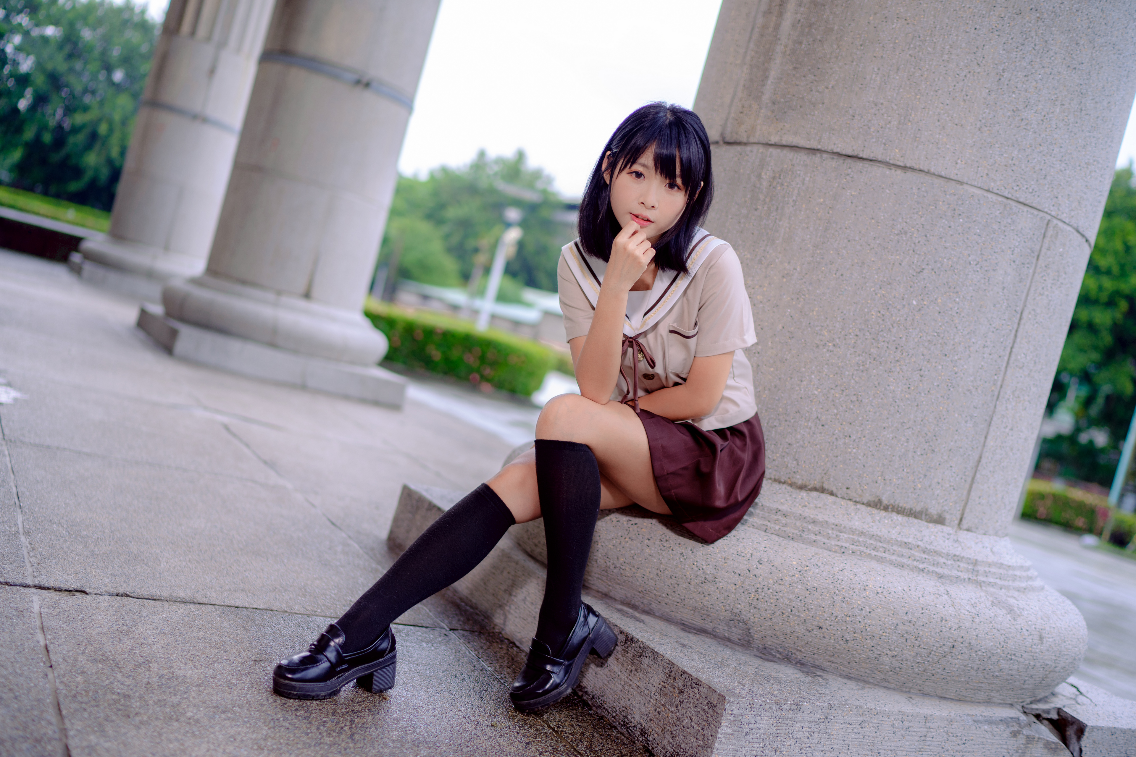 Asian Model Women Long Hair Dark Hair Knee High Socks Sitting School Uniform 3840x2560