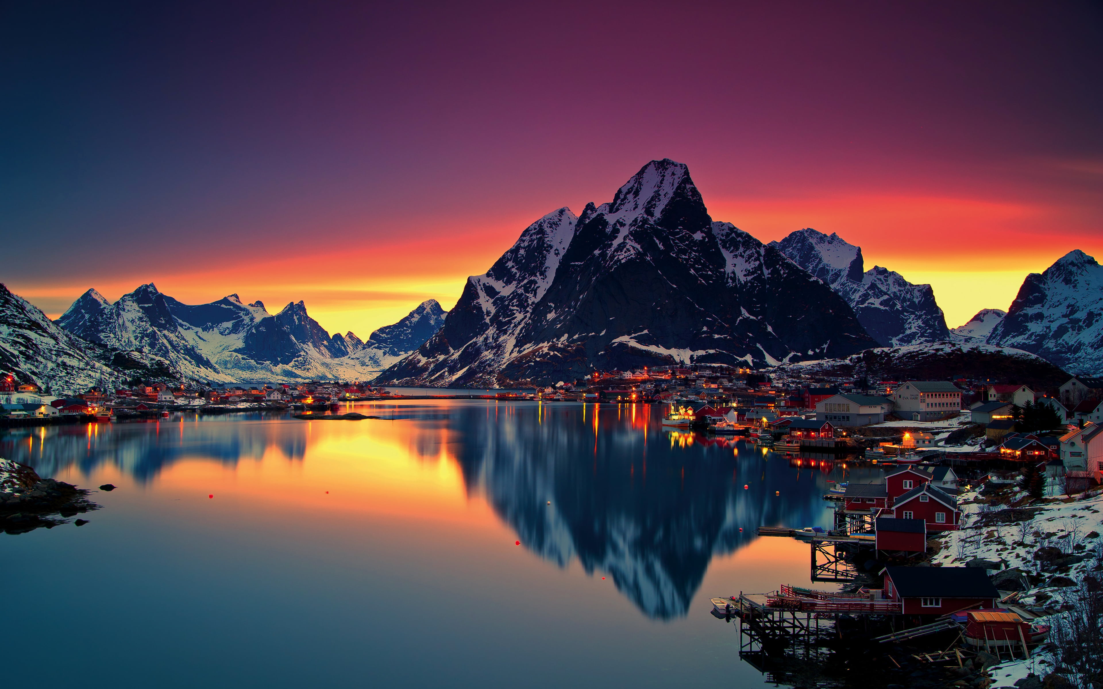 Nature Photography Mountains Lake City Reine Norway Water Reflection Sunset Sunset Glow Snow Countri 3840x2400