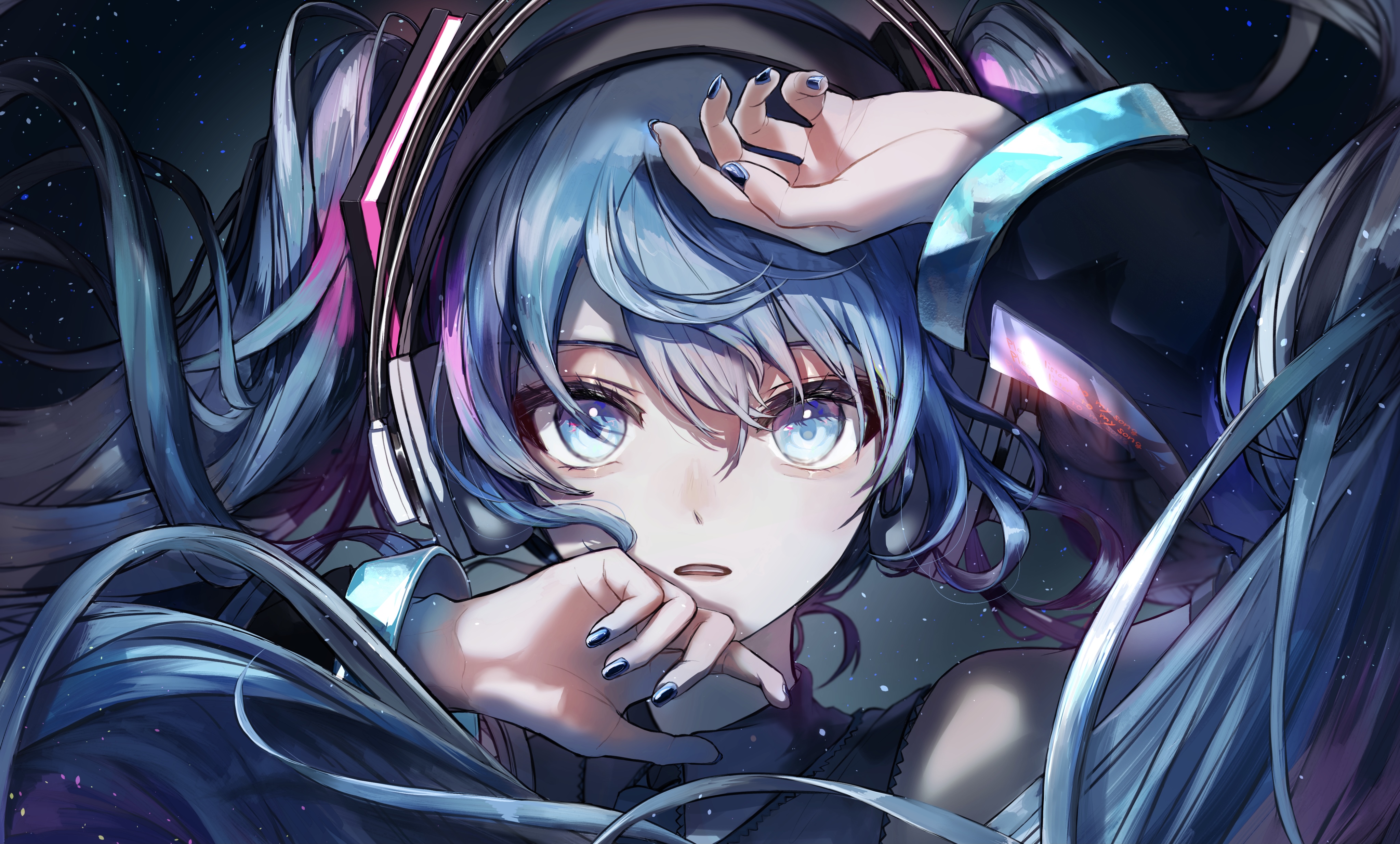 Anime Anime Girls Face Blue Eyes Blue Nails Blue Hair Closeup Women Painted Nails Hair In Face Vocal 4094x2467