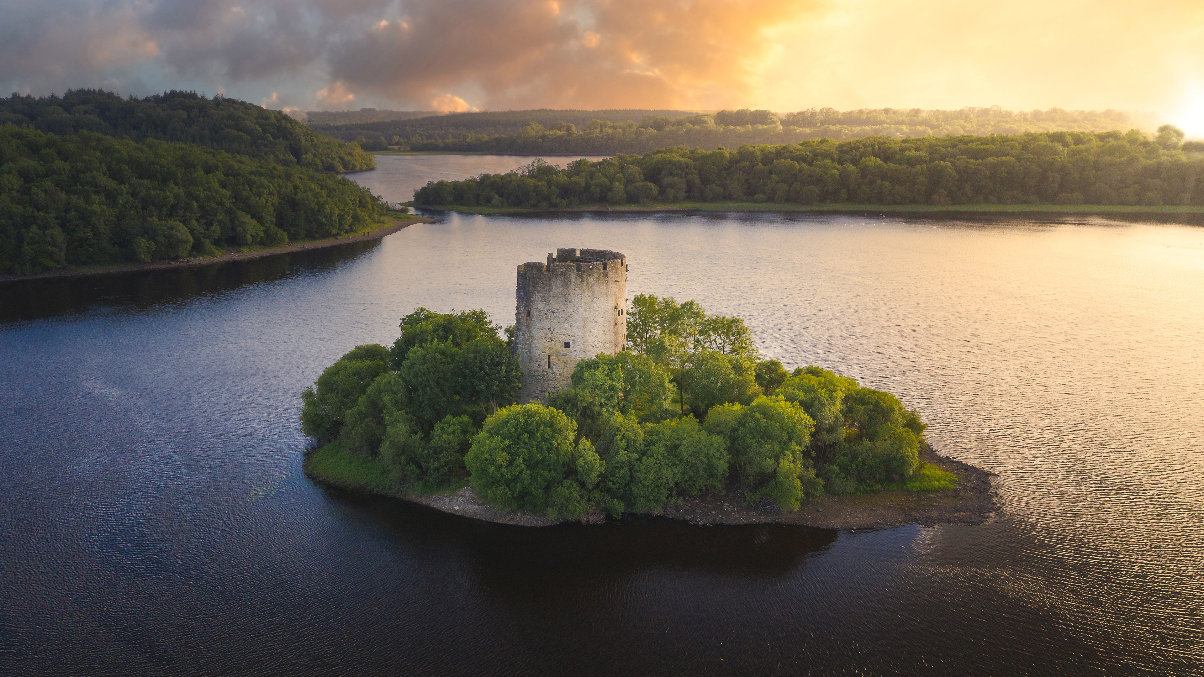 Cloughoughter Castle Lake Ireland Island Sky Nature Forest Water Trees Clouds Sunset Castle Sunset G 3840x2160