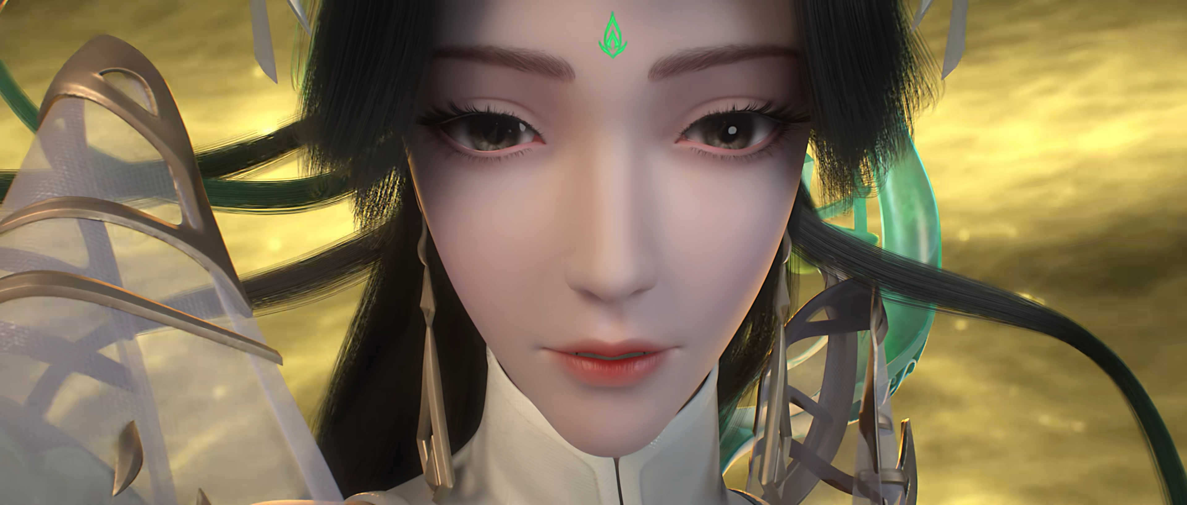 Wan Mei Shi Jie Chinese Anime CGi Asian Women Face Closeup Looking At Viewer Clouds Sky 3840x1636