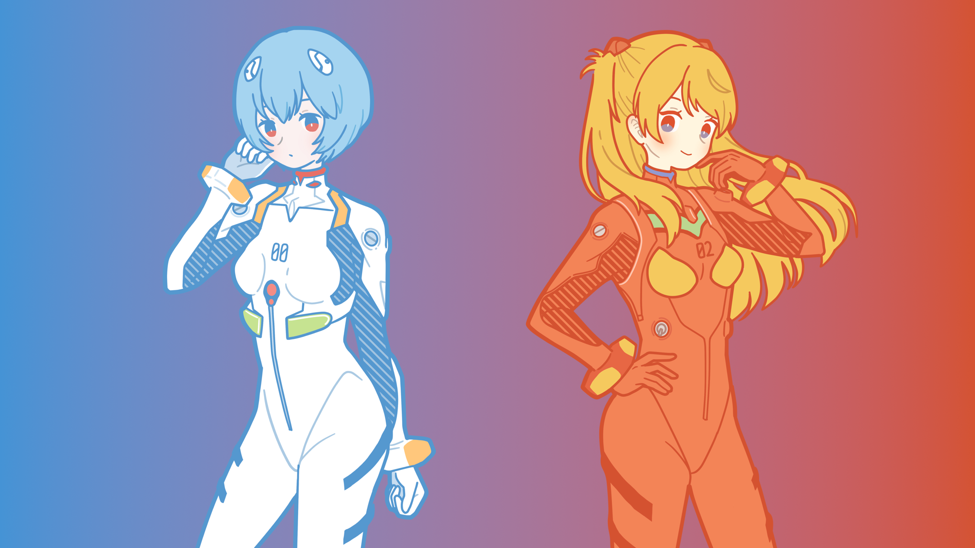 Neon Genesis Evangelion Fan Art Digital Art Asuka Langley Soryu Ayanami Rei Colorful Anime Girls Red 1920x1080